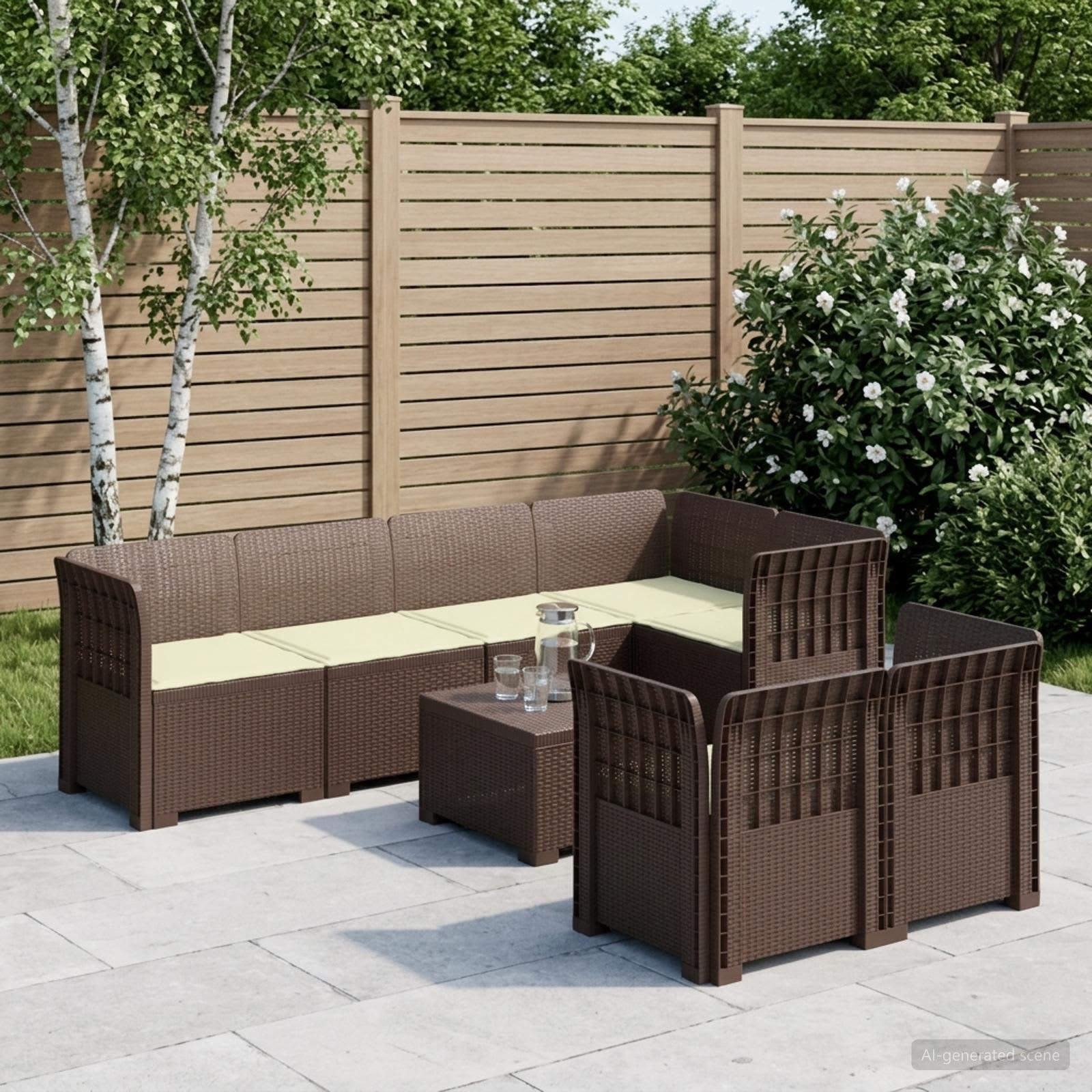 7-Persoons Tuinbank met Kussens Rieten Look PP Bruin