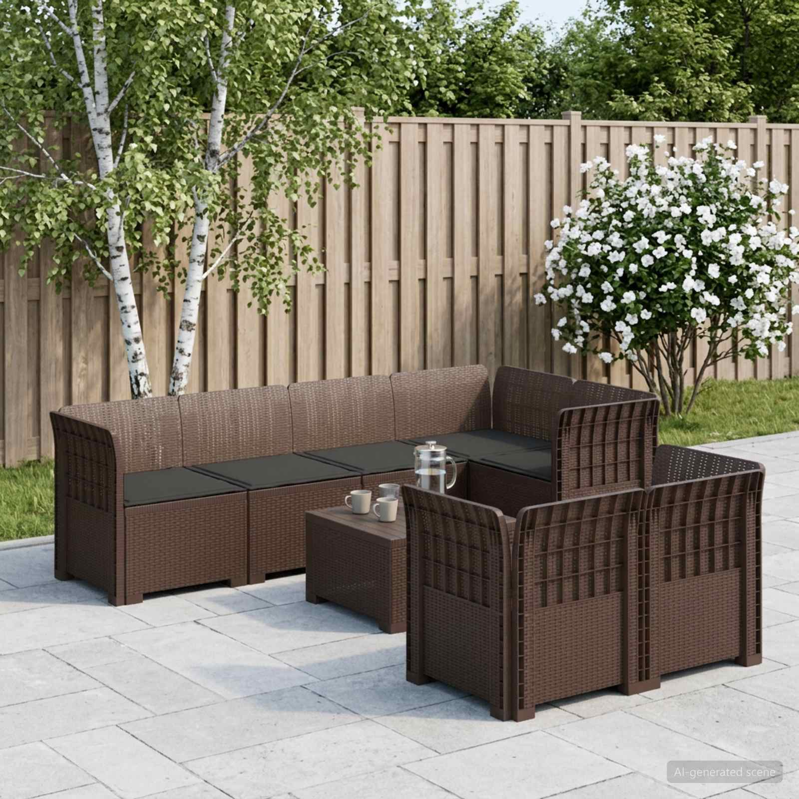 7-Persoons Tuinbank met Kussens Rieten Look PP Bruin