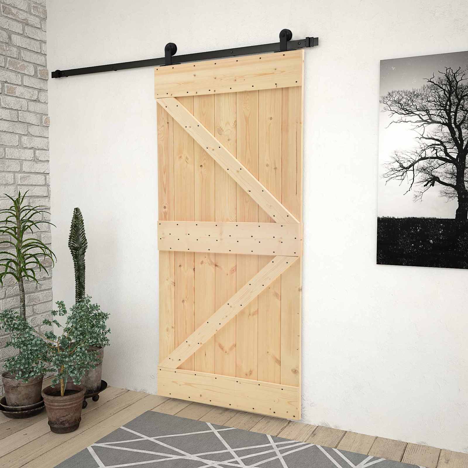 Schuifdeur Naturel en Zwart 80 x 210 cm Massief grenenhout