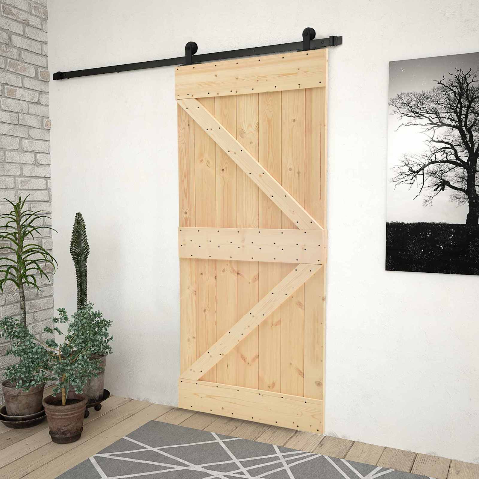 Schuifdeur Naturel en Zwart 80 x 210 cm Massief grenenhout