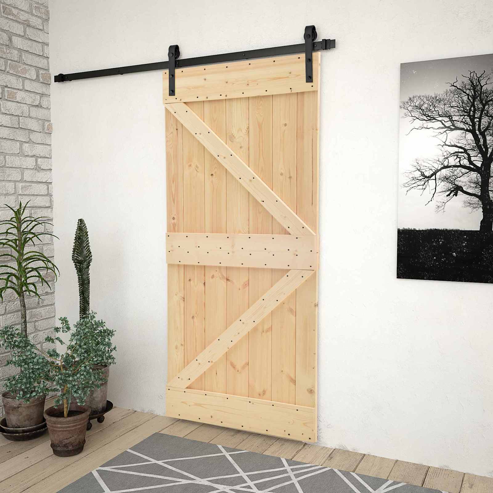 Schuifdeur Naturel en Zwart 80 x 210 cm Massief grenenhout