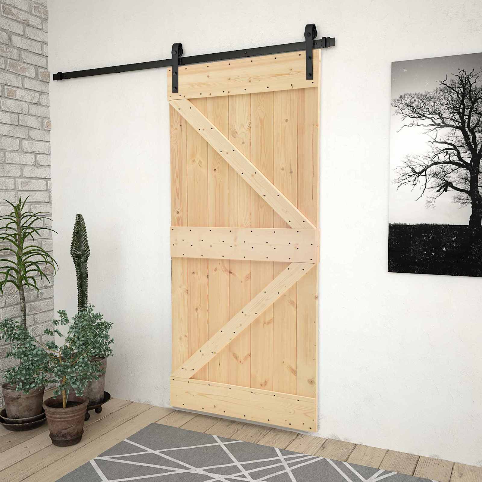 Schuifdeur 80 x 210 cm Massief grenenhout Naturel en Zwart