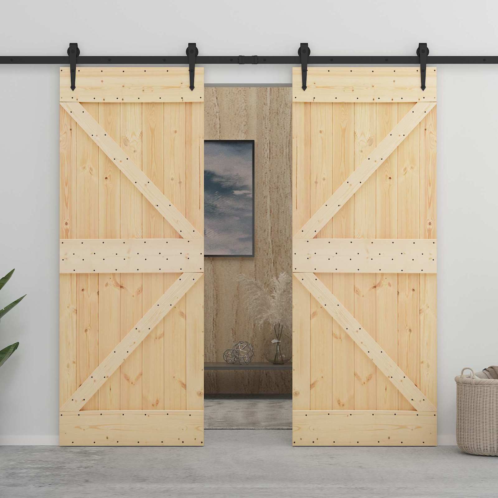 Schuifdeur 2 pcs Naturel en Zwart Massief grenenhout