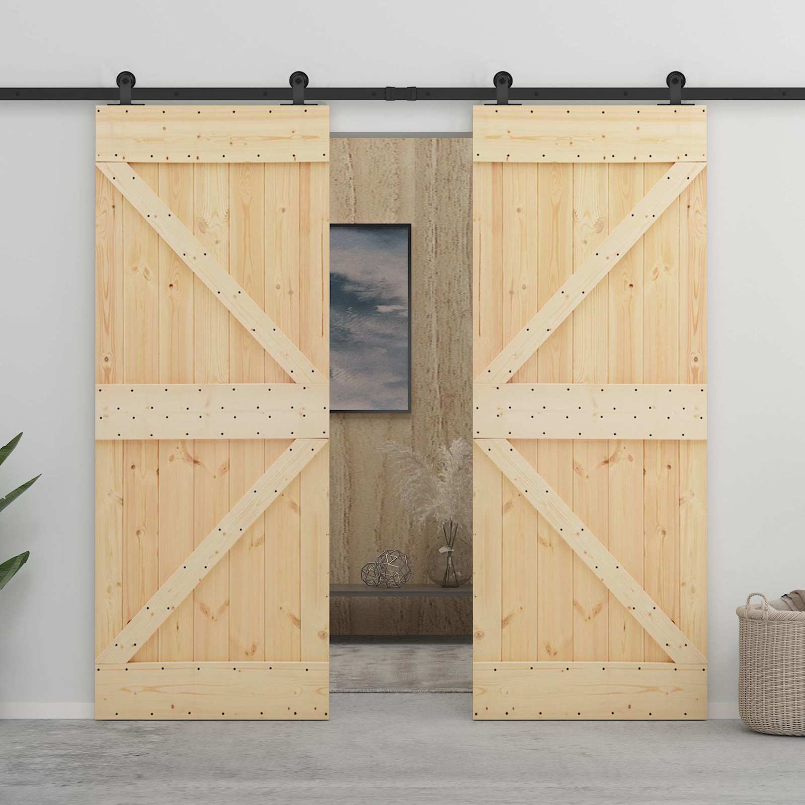 Schuifdeur 2 pcs Naturel en Zwart Massief grenenhout