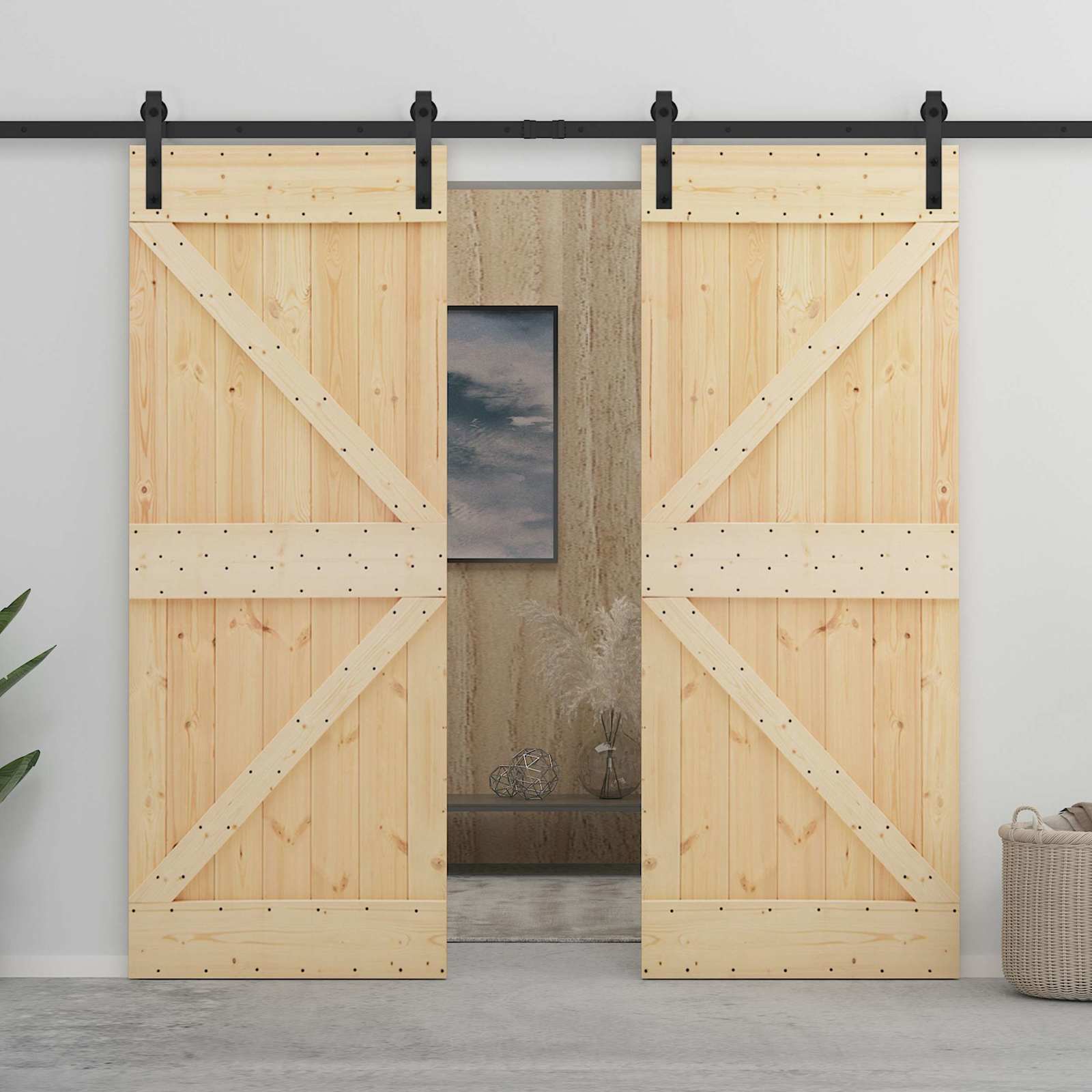 Schuifdeur 2 pcs Naturel en Zwart Massief grenenhout