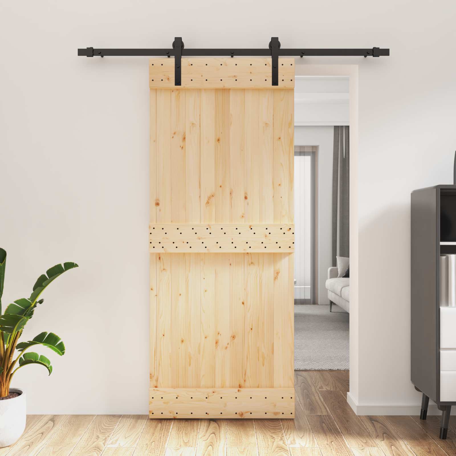 Schuifdeur Naturel en Zwart 85 x 210 cm Massief Grenenhout