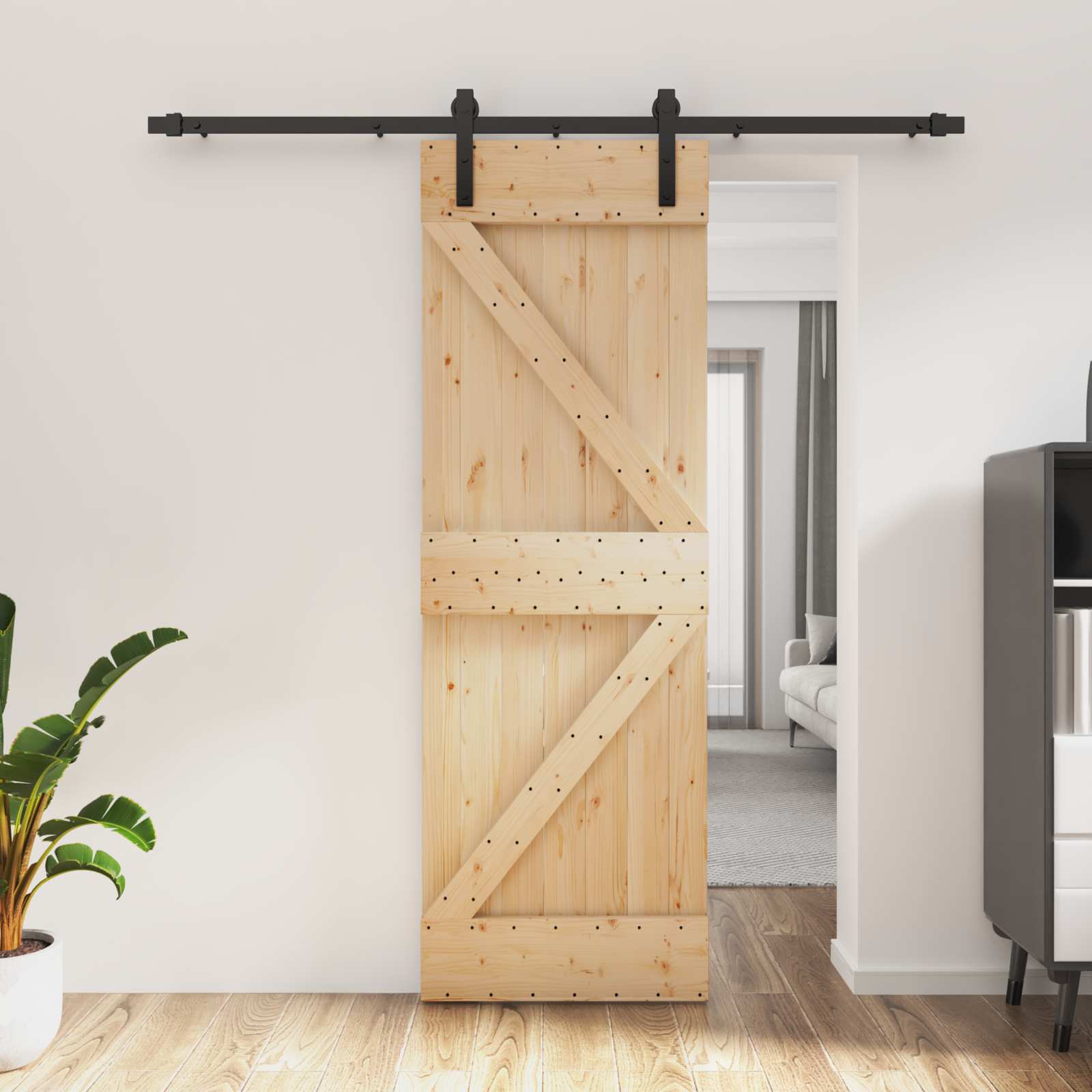 Schuifdeur Naturel en Zwart 70 x 210 cm Massief Grenenhout