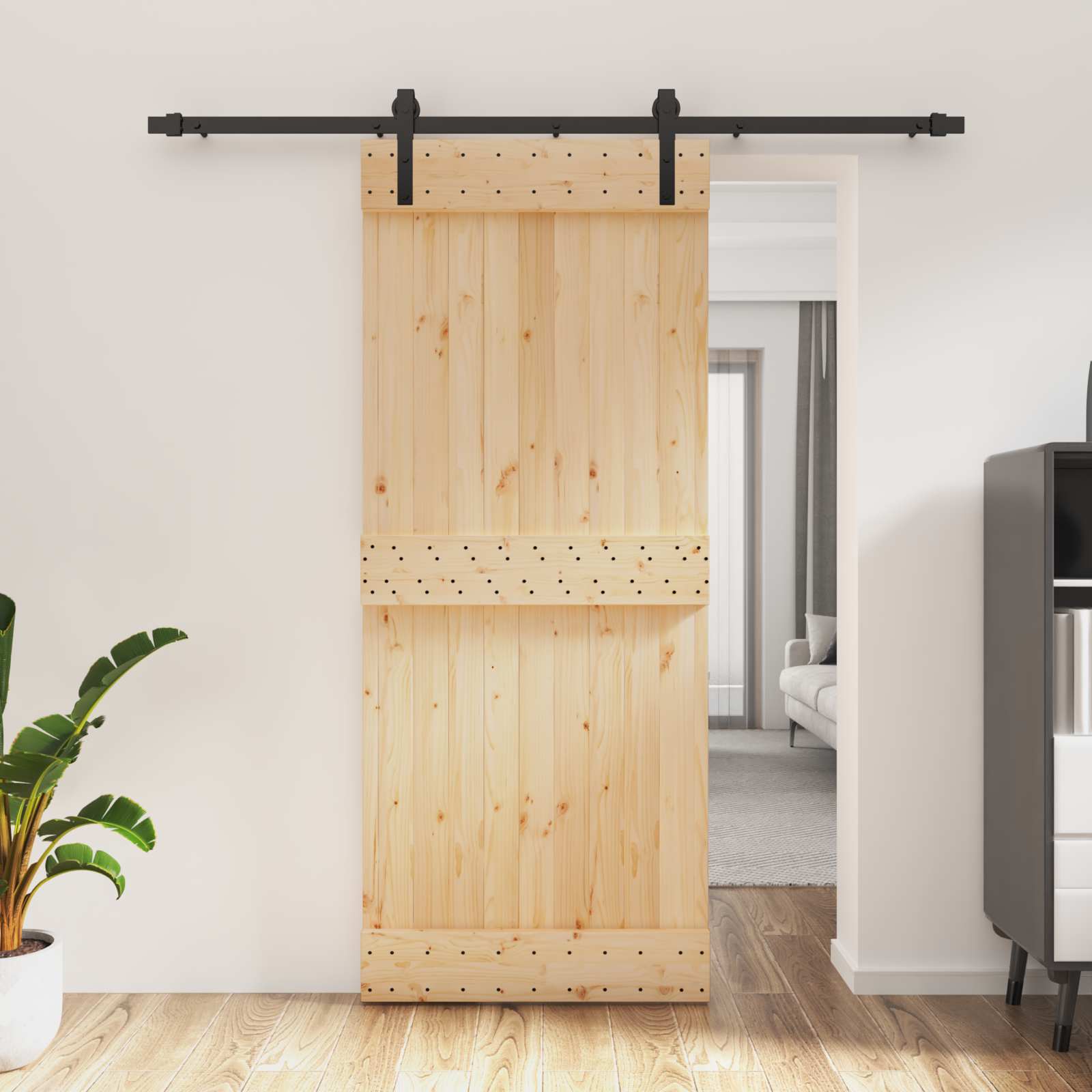 Schuifdeur Naturel en Zwart 85 x 210 cm Massief Grenenhout