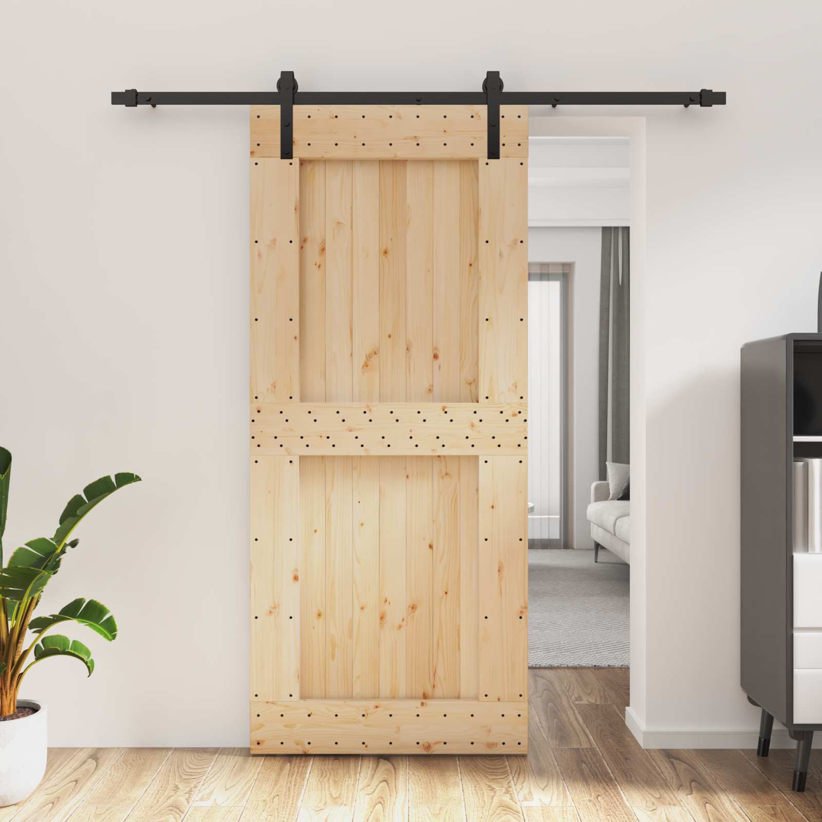 Schuifdeur Naturel en Zwart 90 x 210 cm Massief Grenenhout