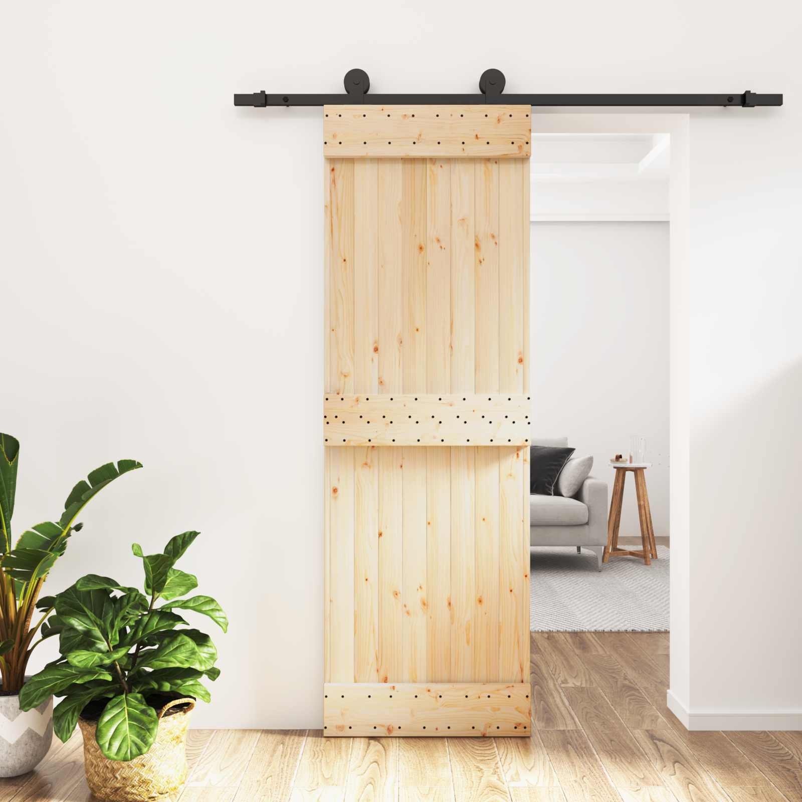 Schuifdeur Naturel en Zwart 70 x 210 cm Massief Grenenhout
