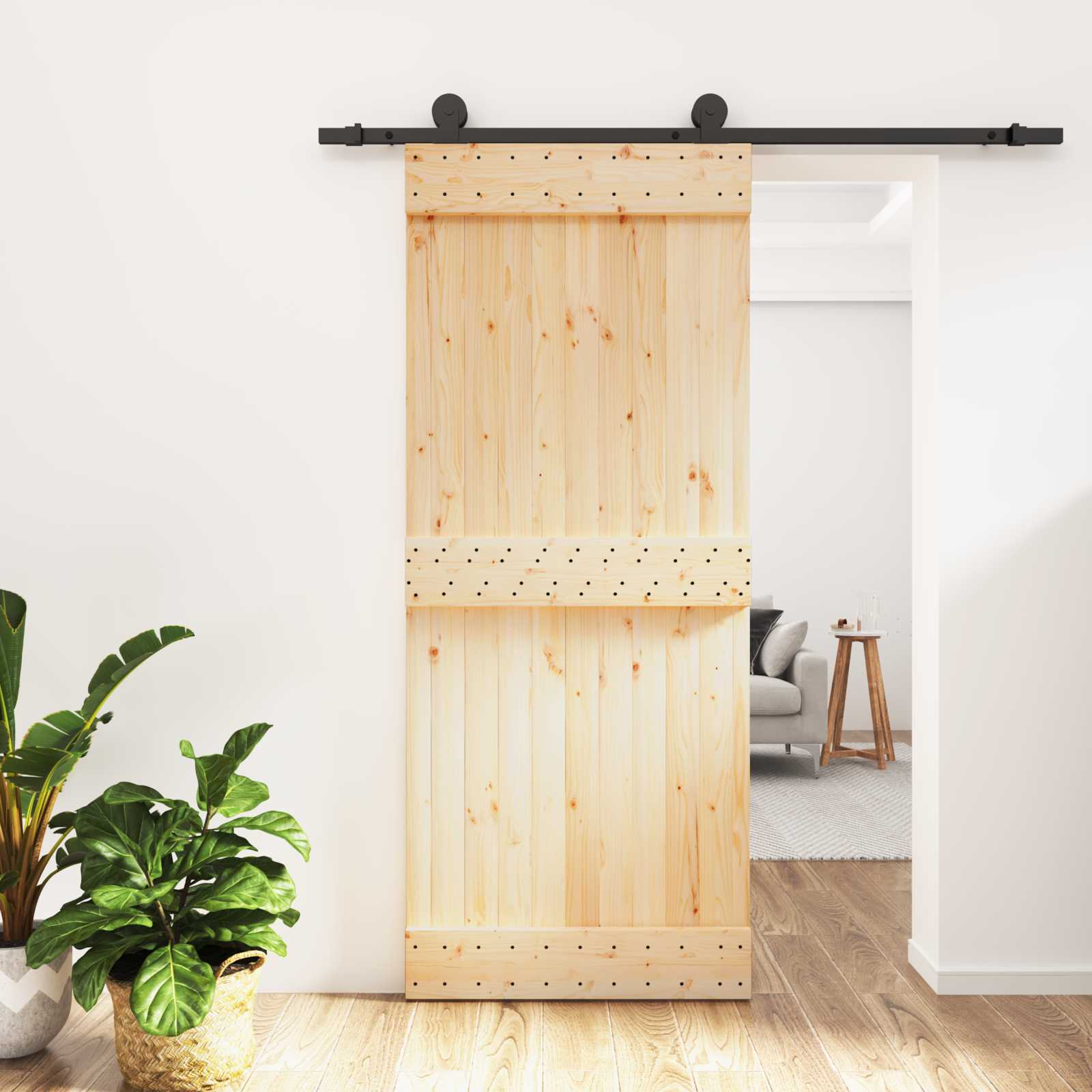 Schuifdeur Naturel en Zwart 85 x 210 cm Massief Grenenhout