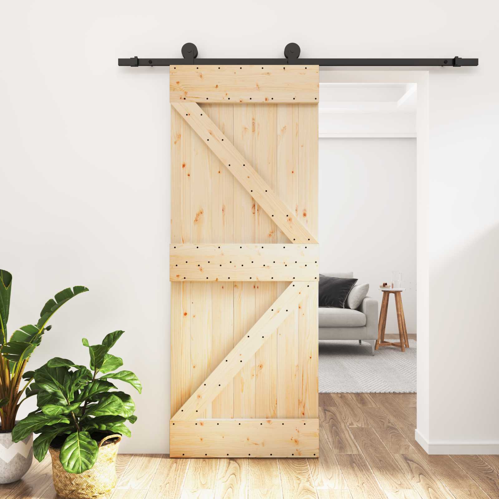 Schuifdeur Naturel en Zwart 70 x 210 cm Massief Grenenhout