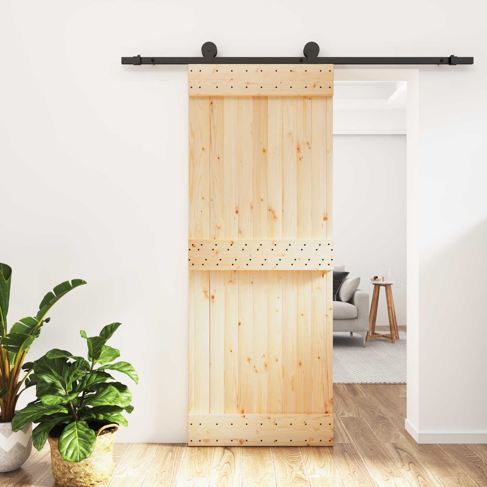 Schuifdeur Naturel en Zwart 80 x 210 cm Massief Grenenhout