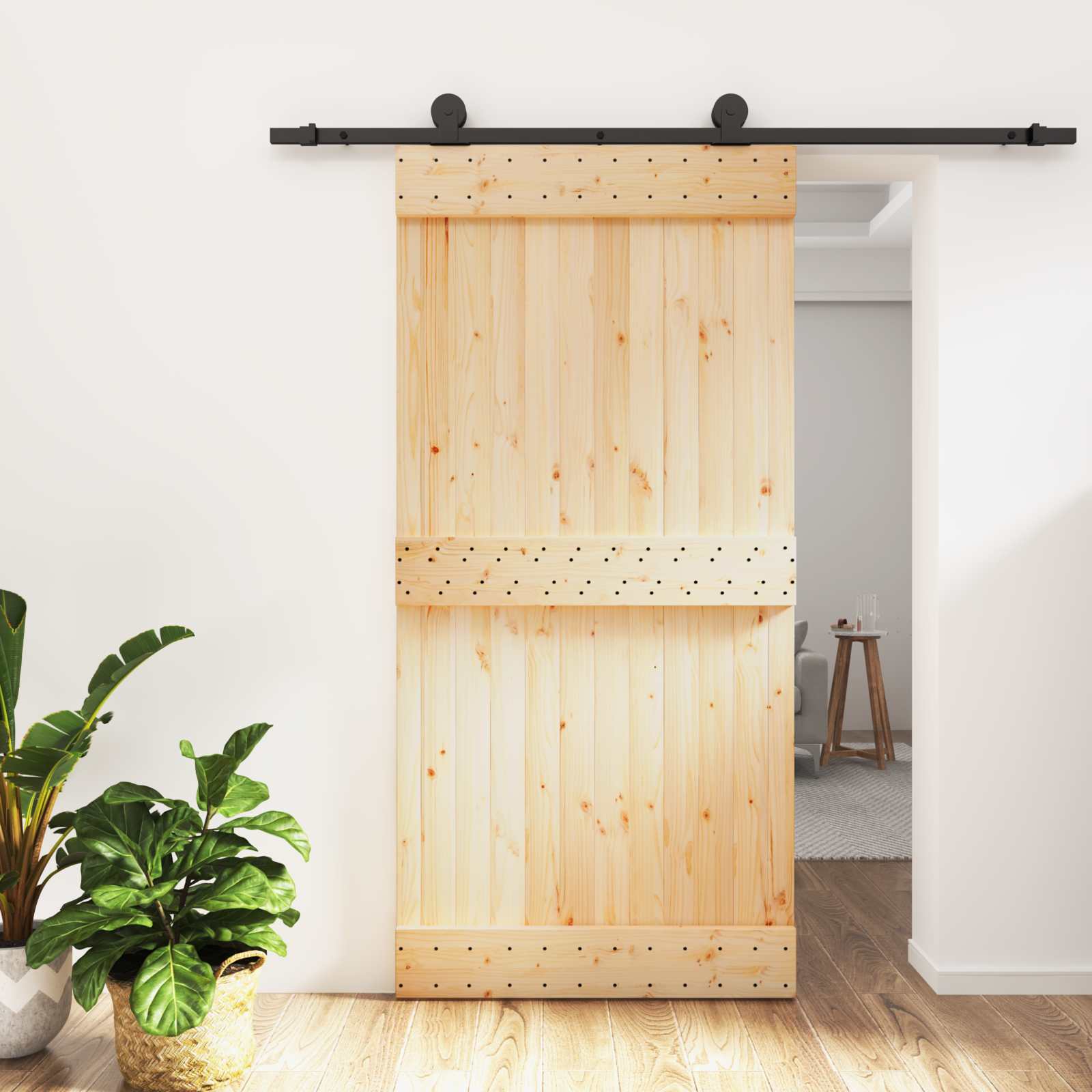 Schuifdeur Naturel en Zwart 100 x 210 cm Massief Grenenhout