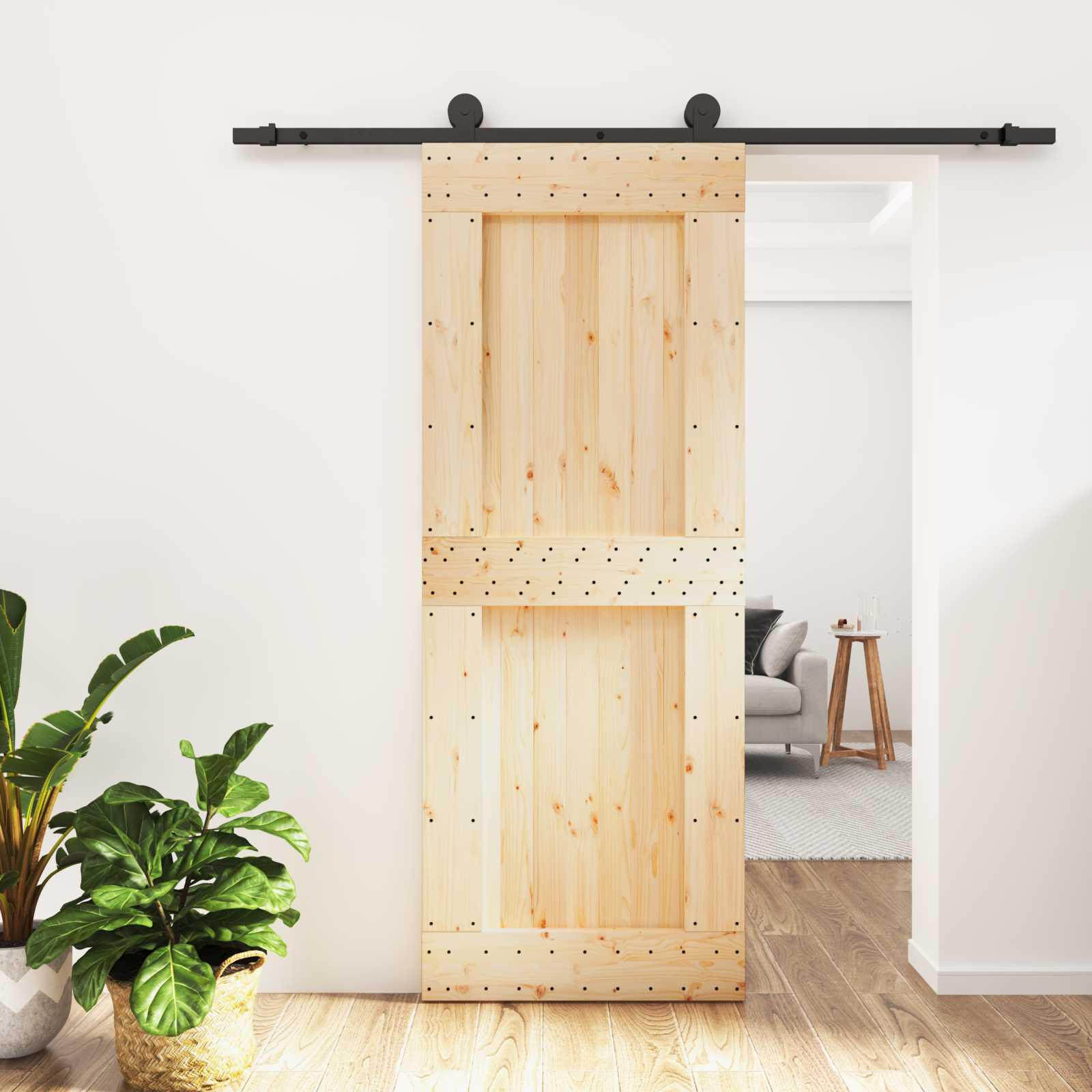 Schuifdeur Naturel en Zwart 80 x 210 cm Massief Grenenhout