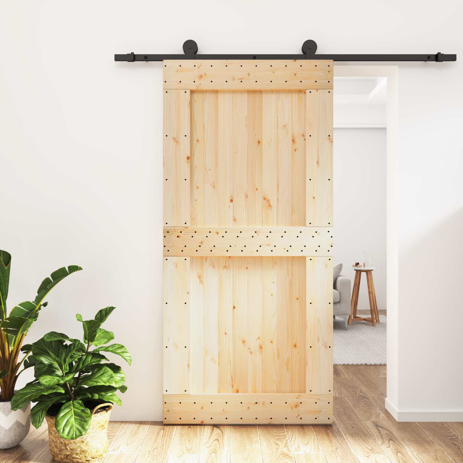 Schuifdeur Naturel en Zwart 100 x 210 cm Massief Grenenhout
