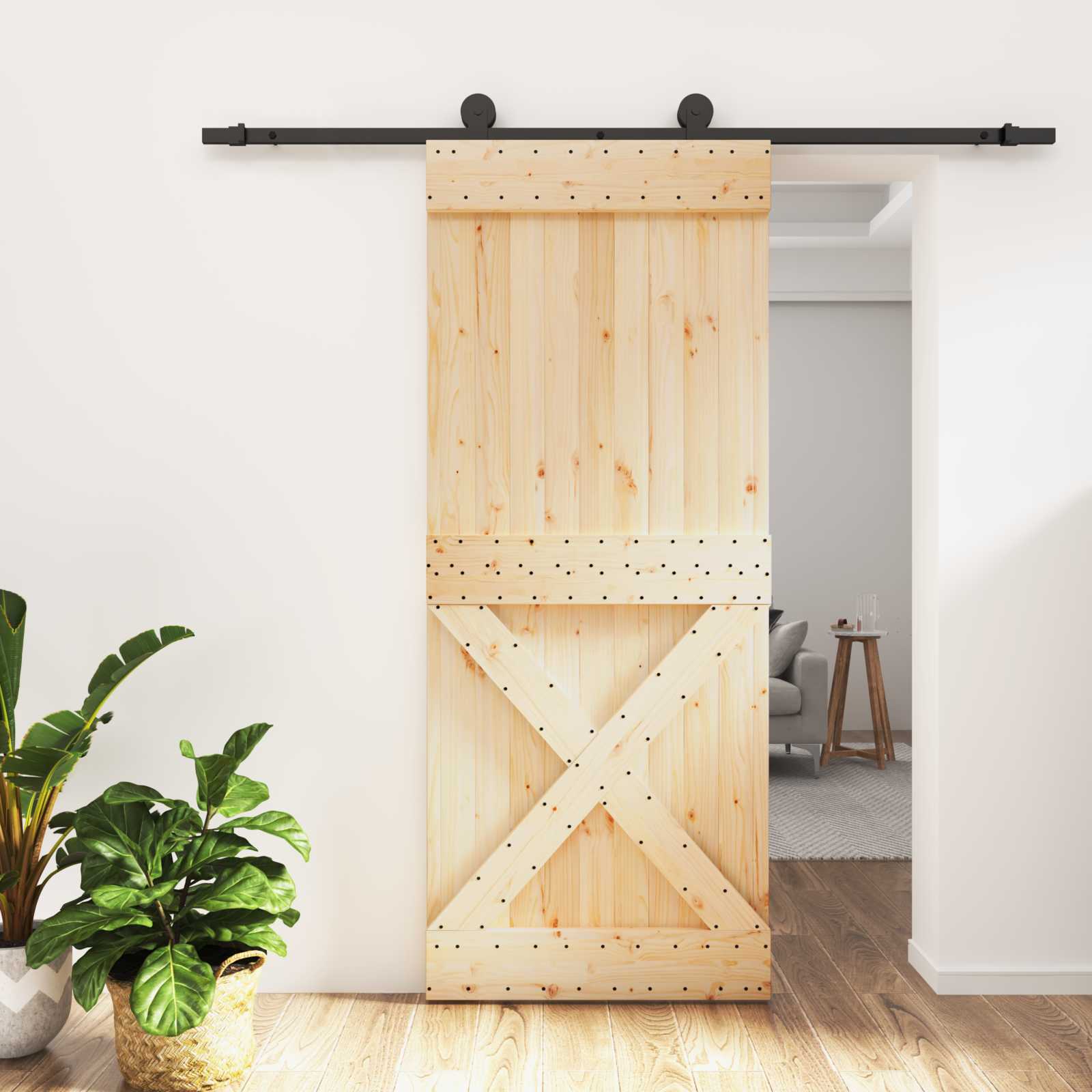 Schuifdeur Naturel en Zwart 85 x 210 cm Massief Grenenhout