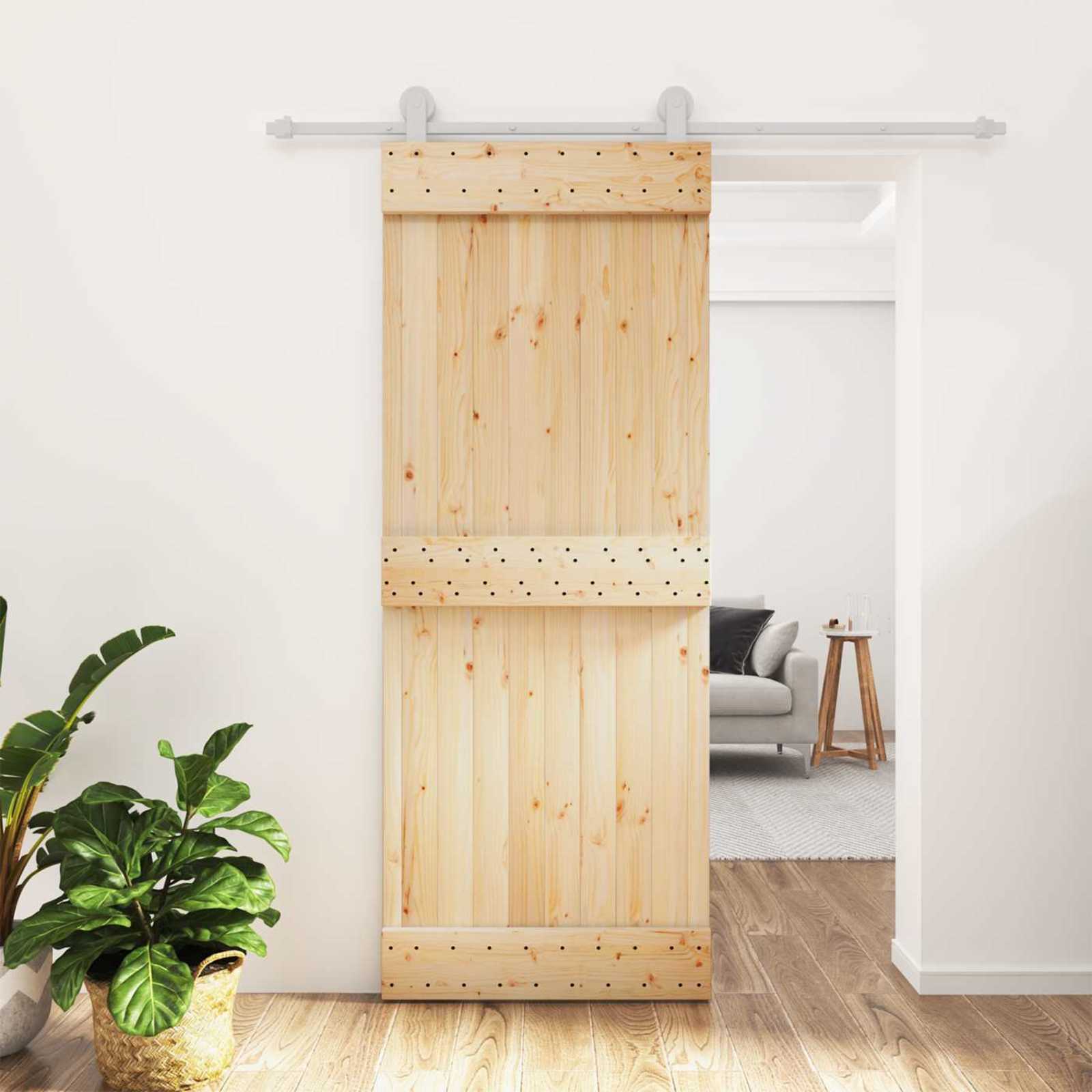 Schuifdeur Natuurlijk en Wit 80 x 210 cm Massief Grenenhout – afbeelding 1
