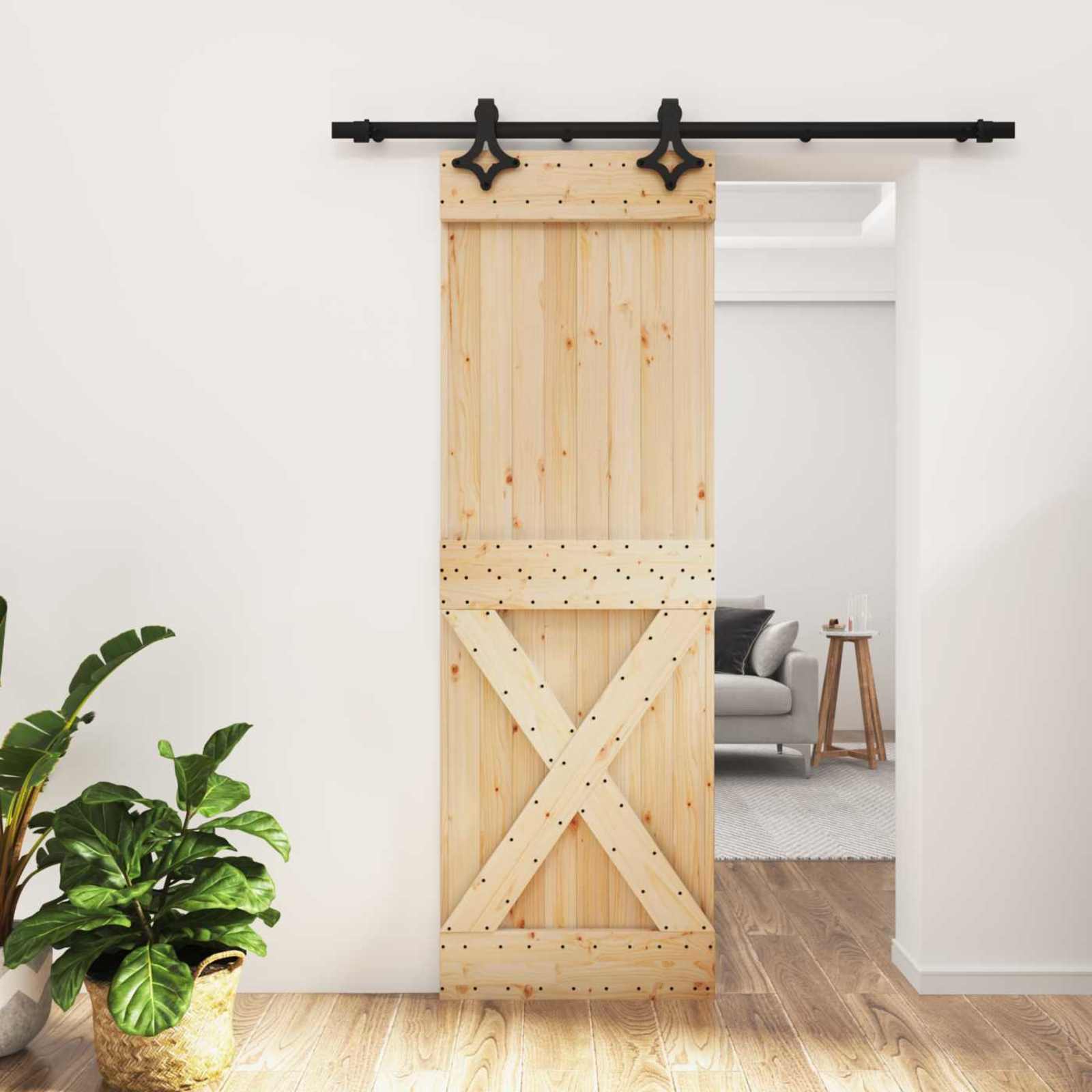 Schuifdeur Naturel en Zwart 70 x 210 cm Massief Grenenhout – afbeelding 1