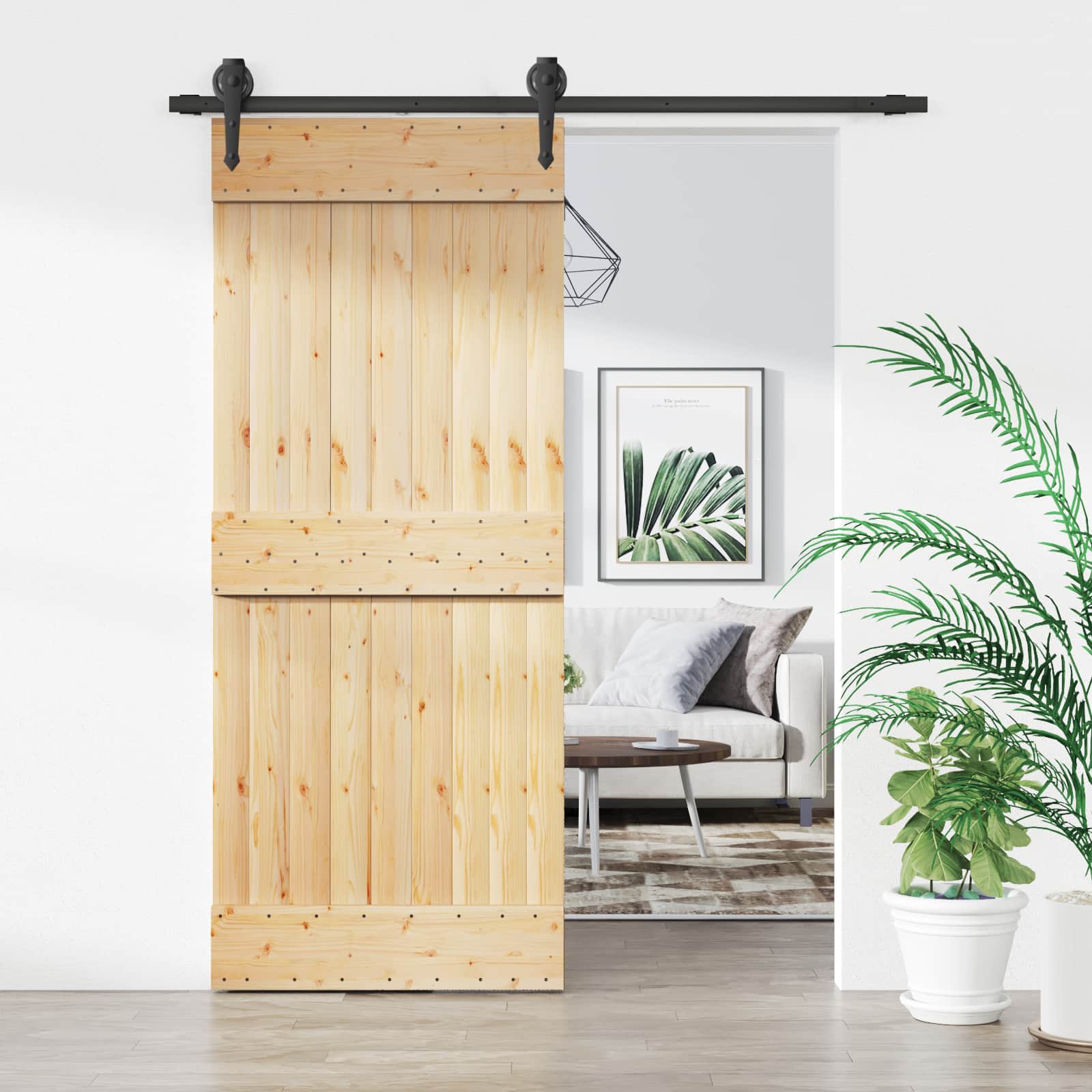 Schuifdeur Naturel en Zwart 85 x 210 cm Massief Grenenhout