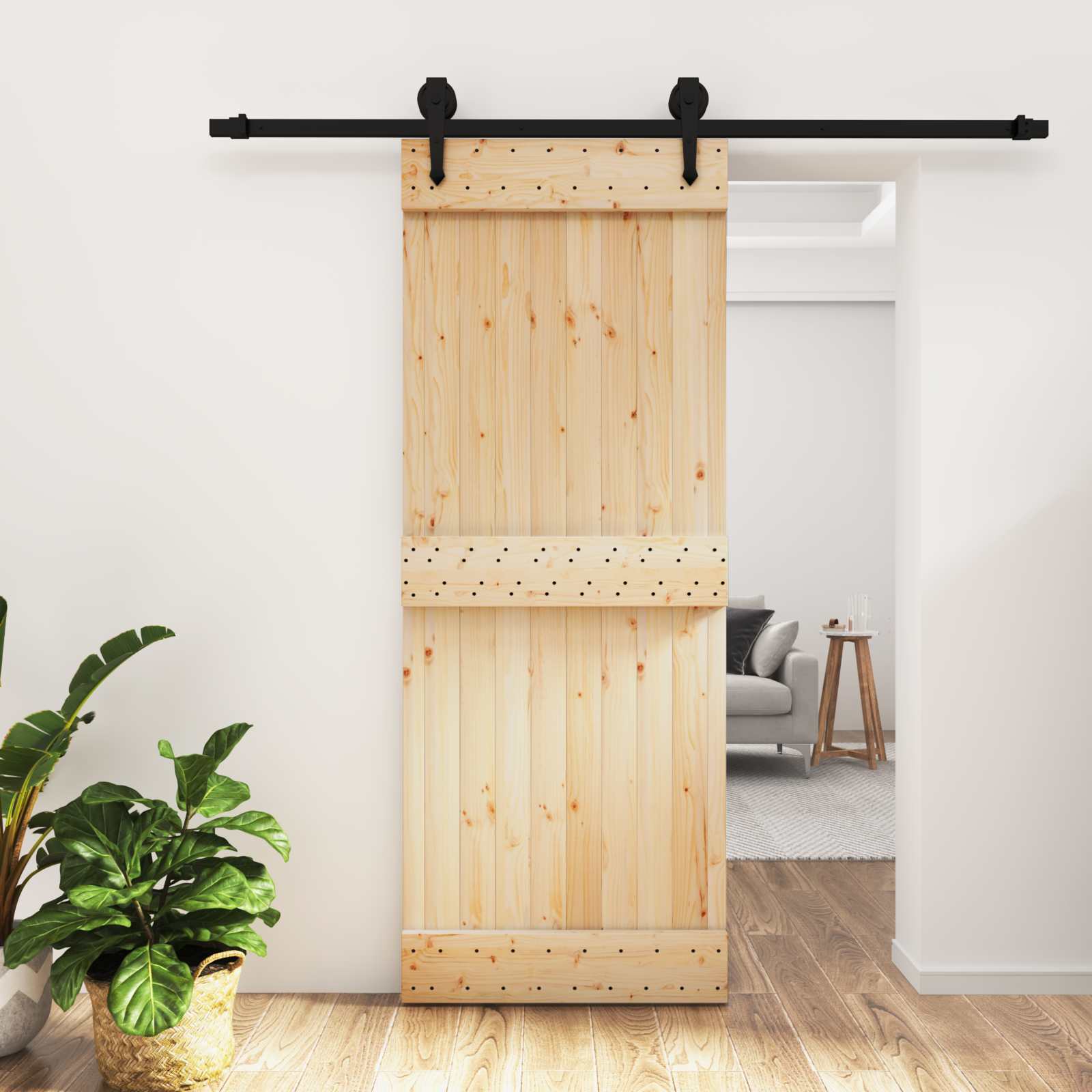 Schuifdeur Naturel en Zwart 80 x 210 cm Massief Grenenhout