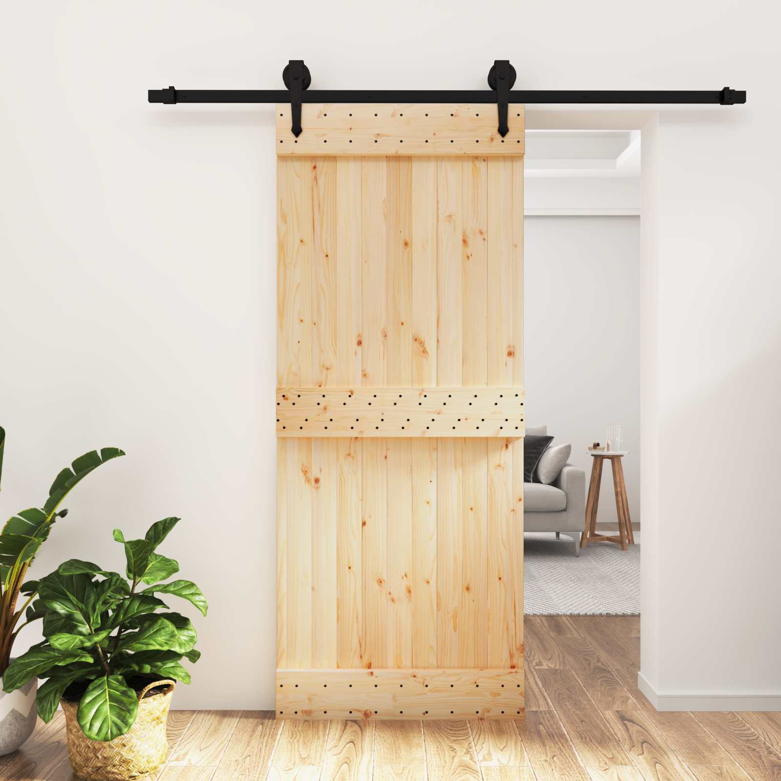 Schuifdeur Naturel en Zwart 85 x 210 cm Massief Grenenhout