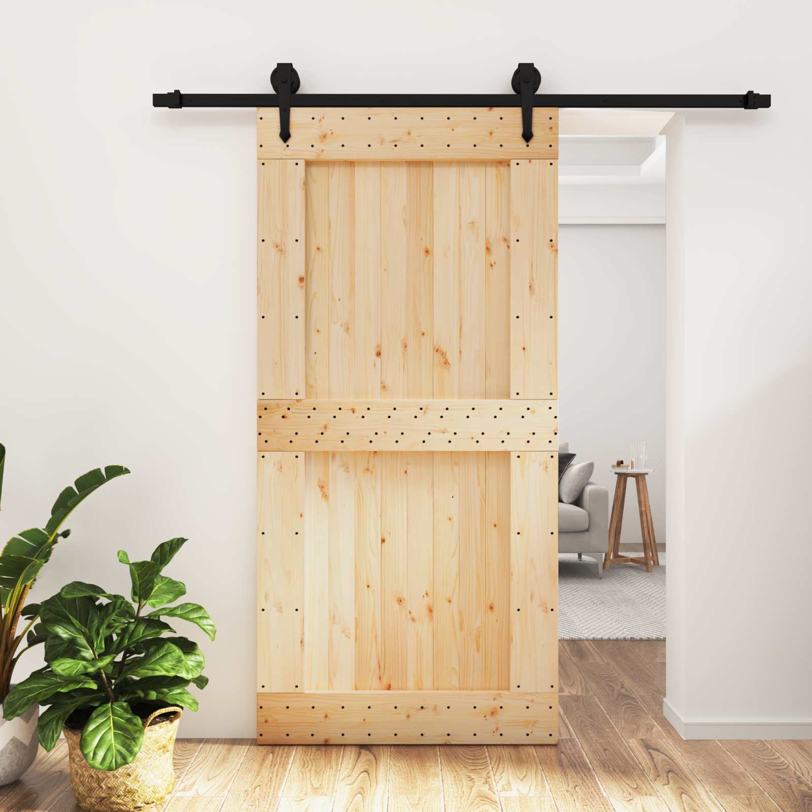 Schuifdeur Naturel en Zwart 100 x 210 cm Massief Grenenhout