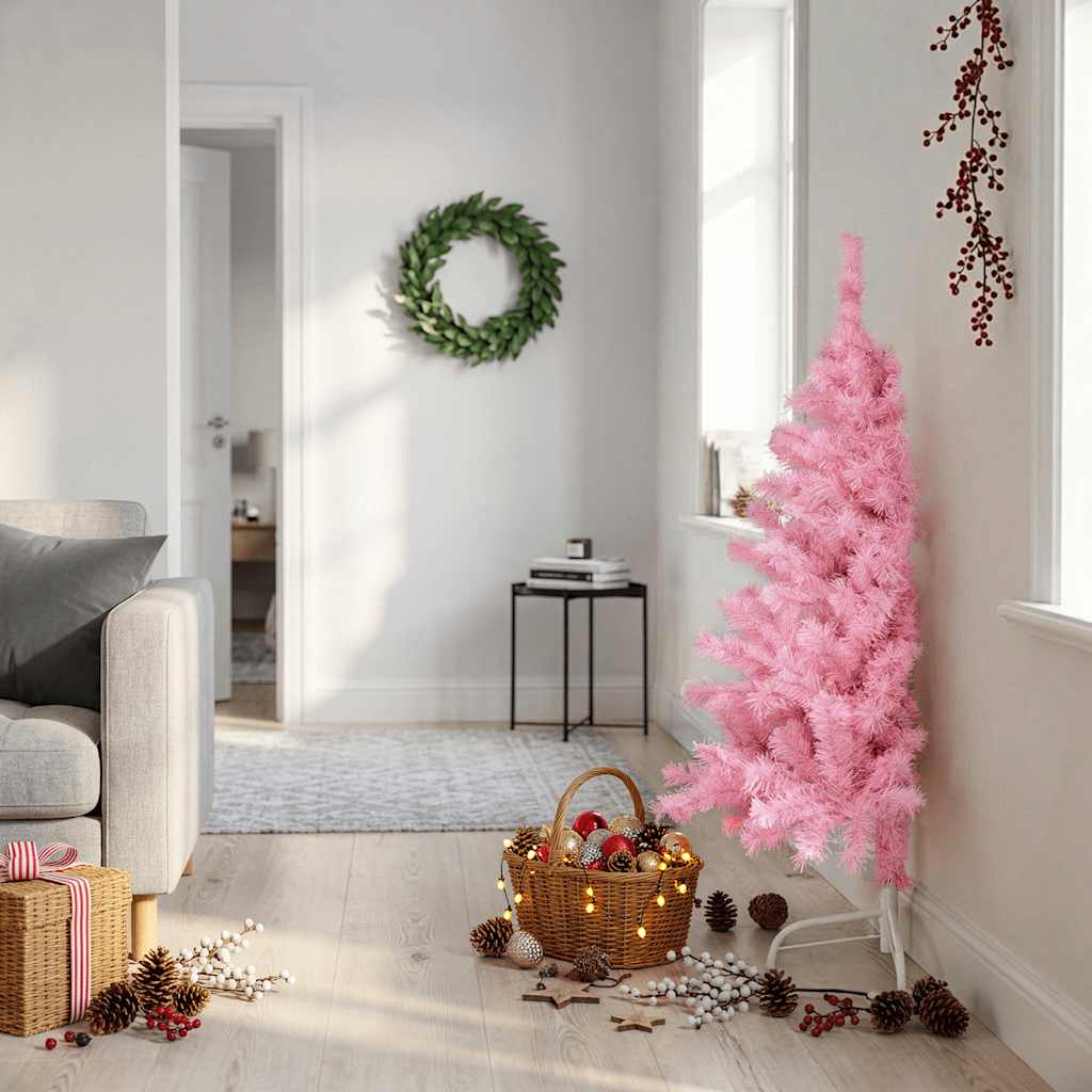 Kunstkerstboom met standaard half 120 cm PVC roze