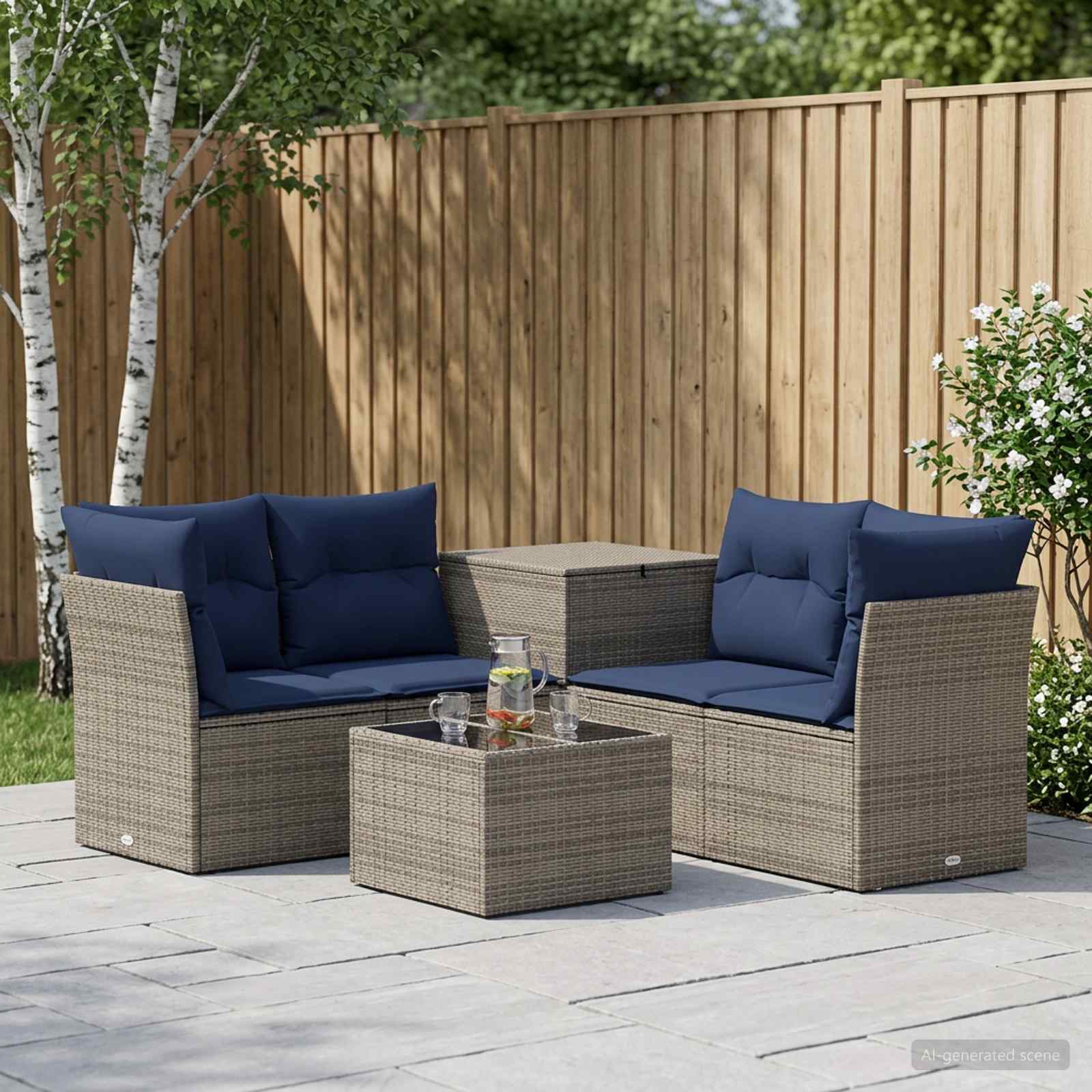 Bankstel 6 st Grijs en Marineblauw Poly Rattan en Staal