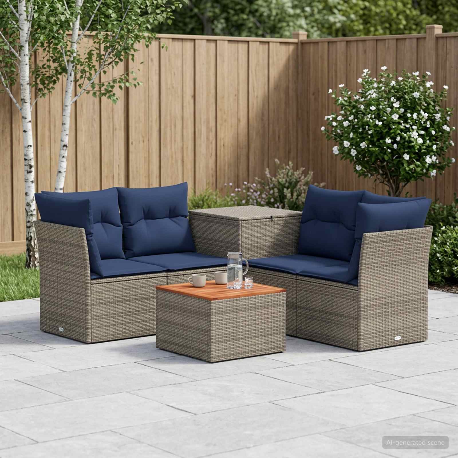 Bankstel 6 st Grijs en Marineblauw Poly Rattan en Staal
