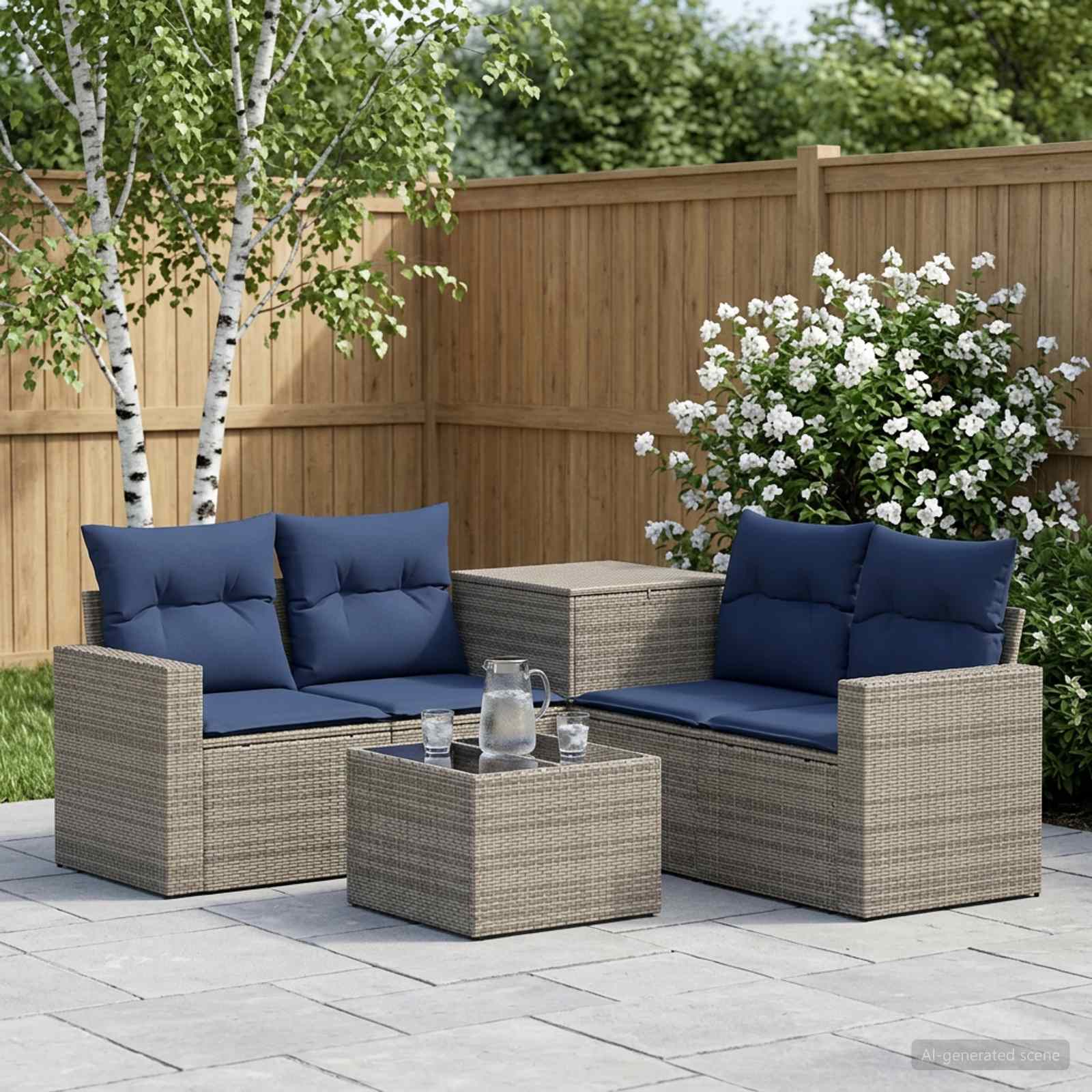 Bankstel 6 st Grijs en Marineblauw Poly Rattan en Staal