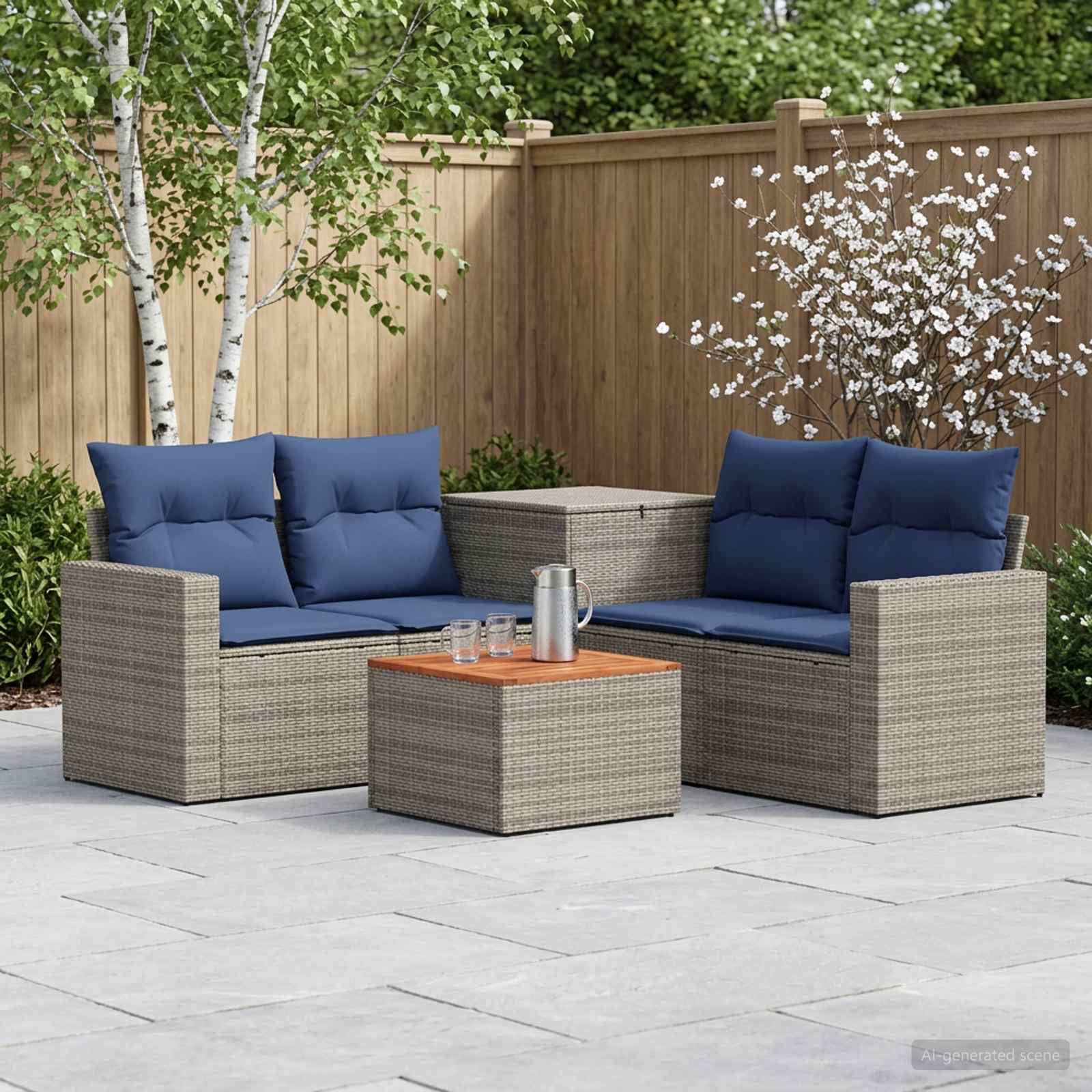 Bankstel 6 st Grijs en Marineblauw Poly Rattan en Staal