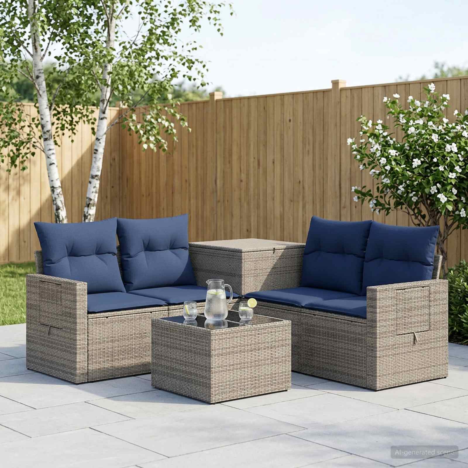 Bankstel 6 st Grijs en Marineblauw Poly Rattan en Staal