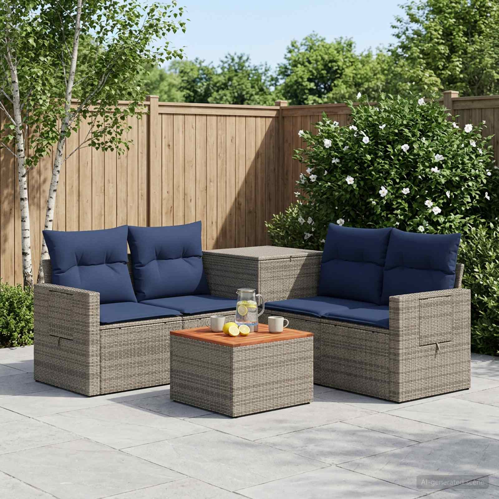 Bankstel 6 st Grijs en Marineblauw Poly Rattan en Staal