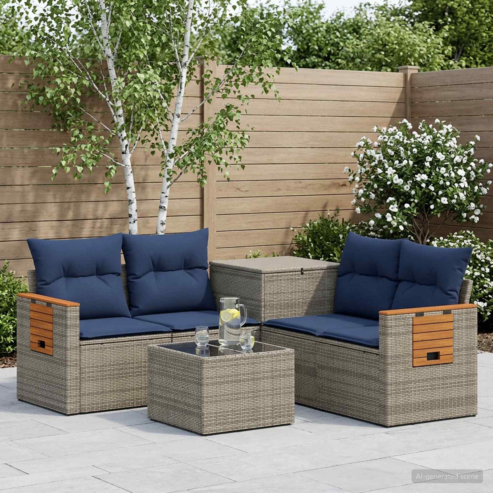 Bankstel 6 st Grijs en Marineblauw Poly Rattan en Staal
