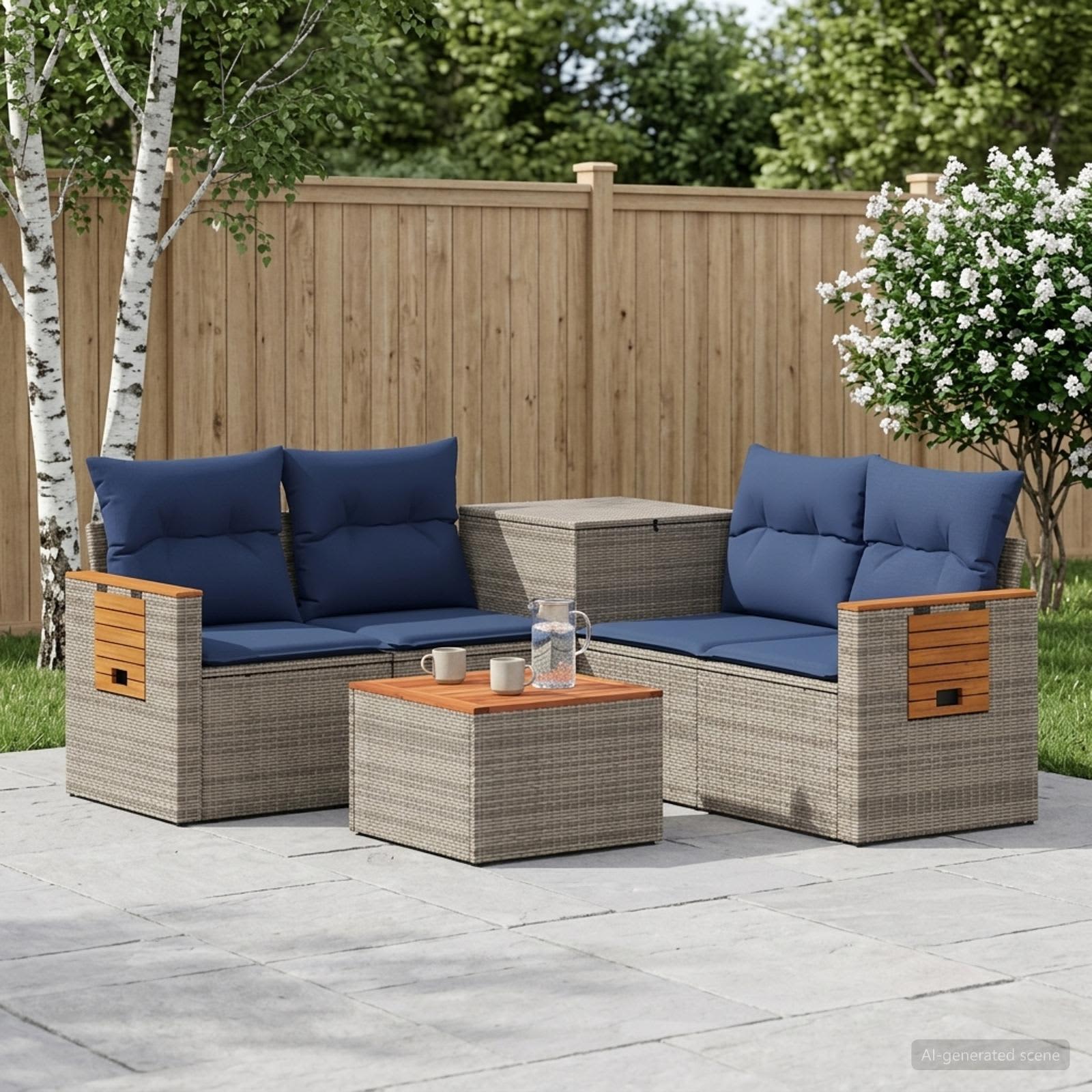 Bankstel 6 st Grijs en Marineblauw Poly Rattan en Staal