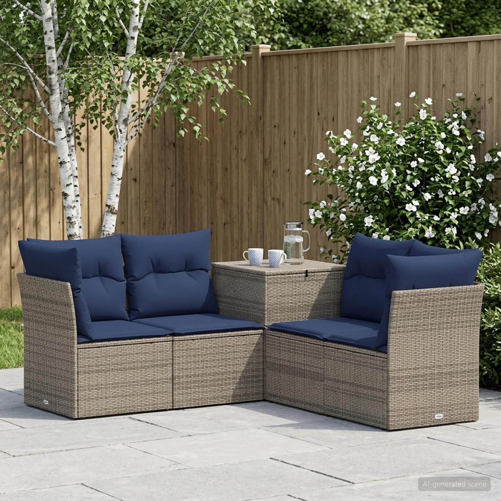 Bankstel 5 st Grijs en Marineblauw Poly Rattan en Staal