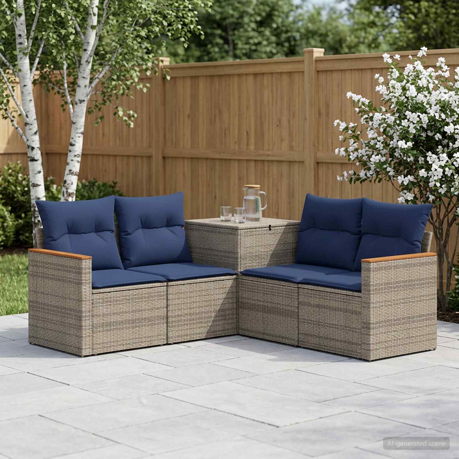 Bankstel 5 st Grijs en Marineblauw Poly Rattan en Staal