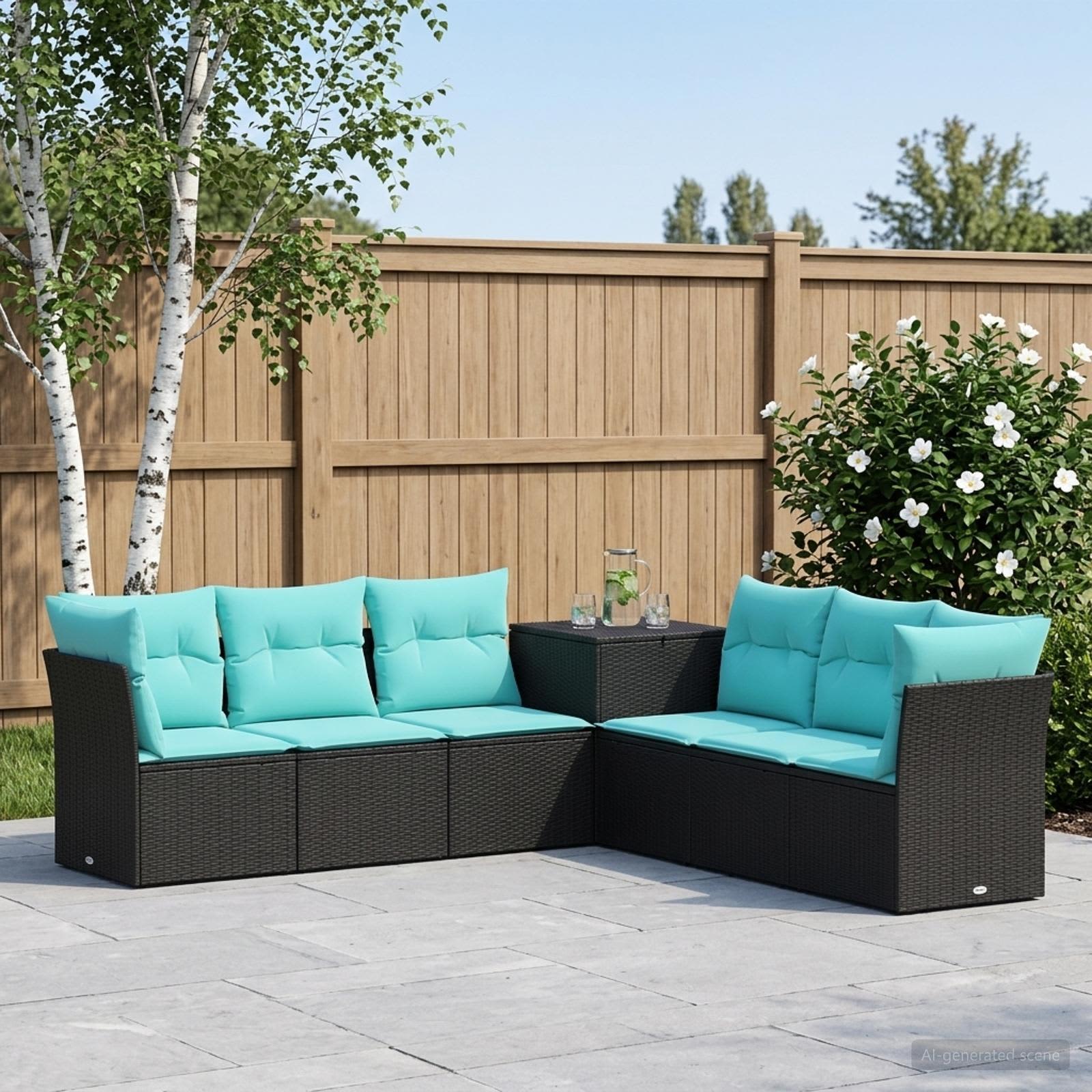 Bankstel 7 pcs Zwart en Blauw Poly Rattan en Staal – afbeelding 1