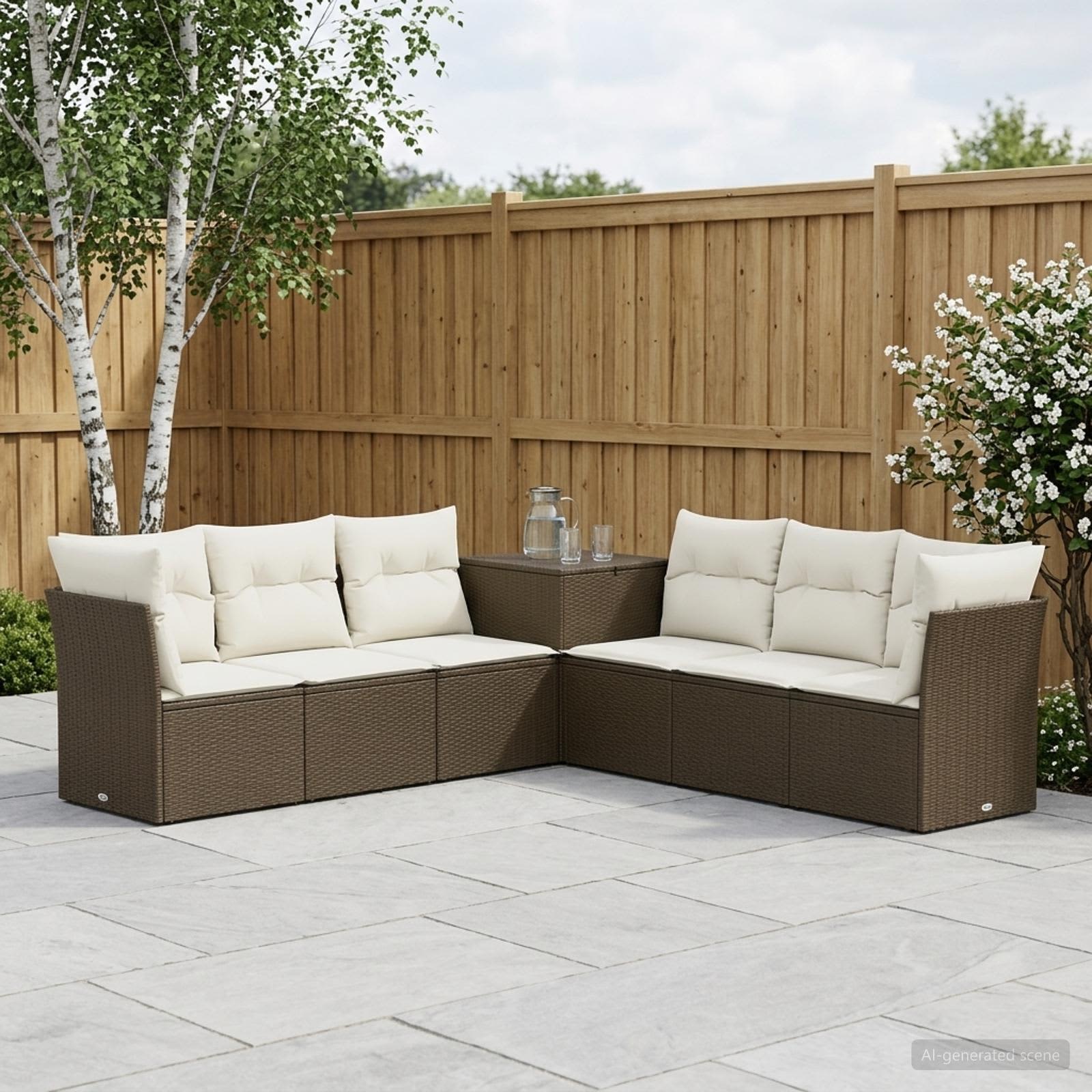 Bankstel 7 pcs Bruin en Crème Wit Poly Rattan en Staal – afbeelding 1