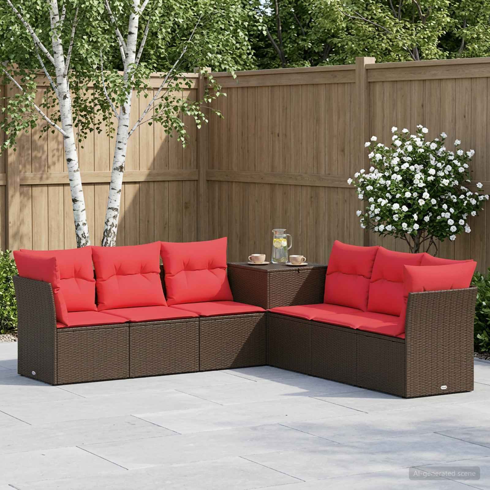 Bankstel 7 pcs Bruin en Rood Poly Rattan en Staal