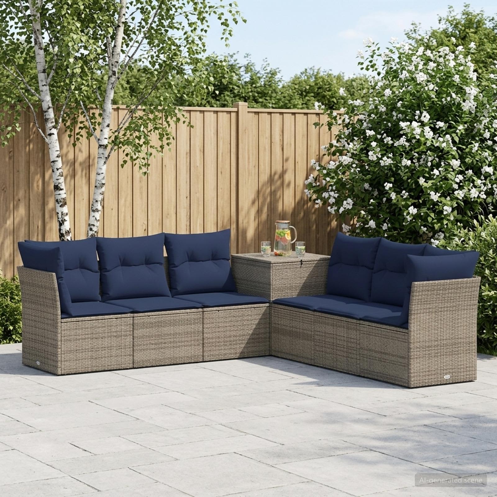 Bankstel 7 pcs Grijs en Marineblauw Poly Rattan en Staal – afbeelding 1