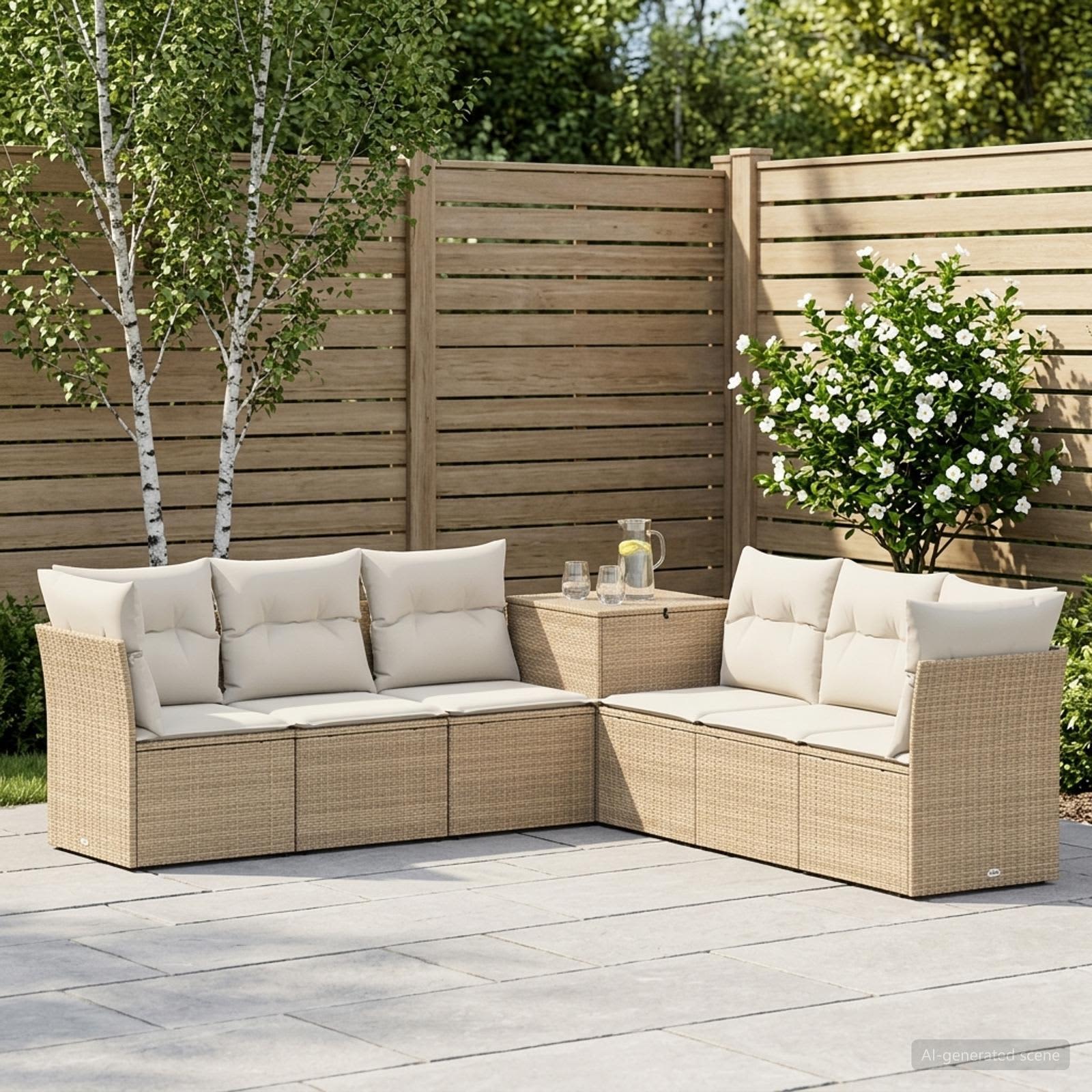 Bankstel 7 pcs Beige en Crème Wit Poly Rattan en Staal – afbeelding 1