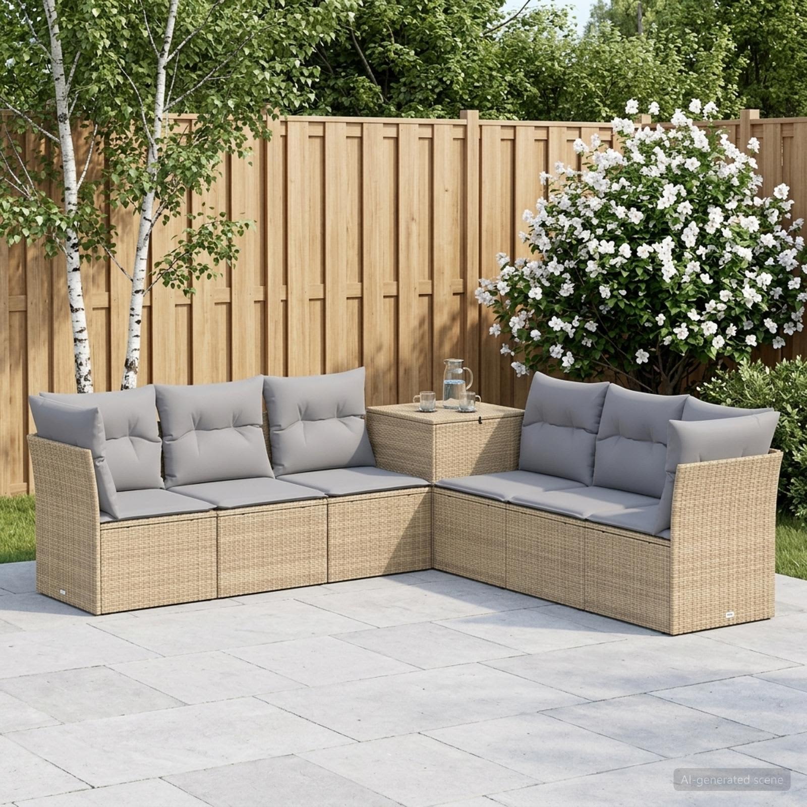 Bankstel 7 pcs Beige en Licht Grijs Poly Rattan en Staal