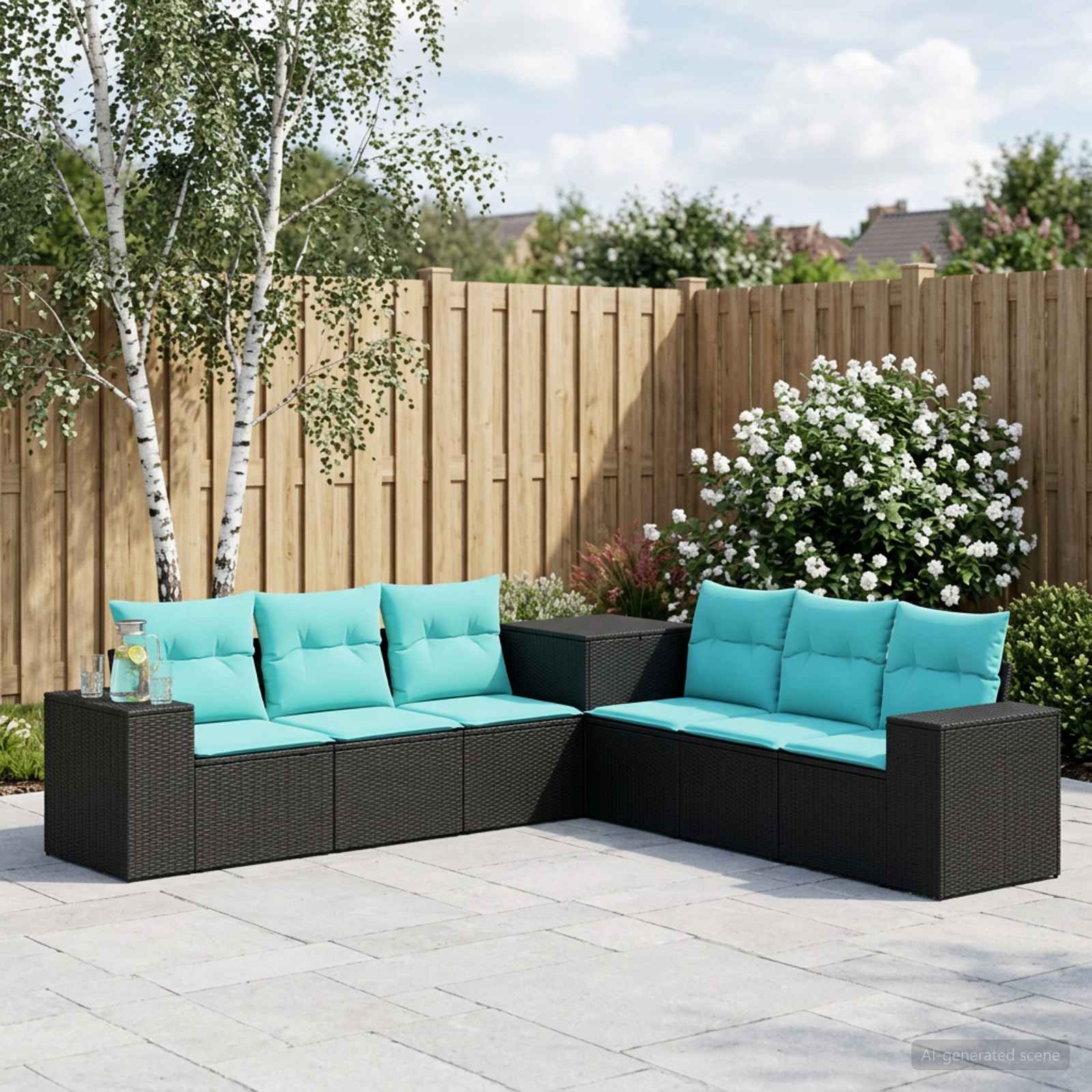 Bankstel 7 pcs Zwart en Blauw Poly Rattan en Staal