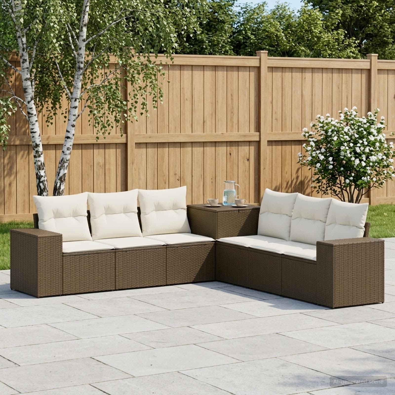 Bankstel 7 pcs Bruin en Crème Wit Poly Rattan en Staal