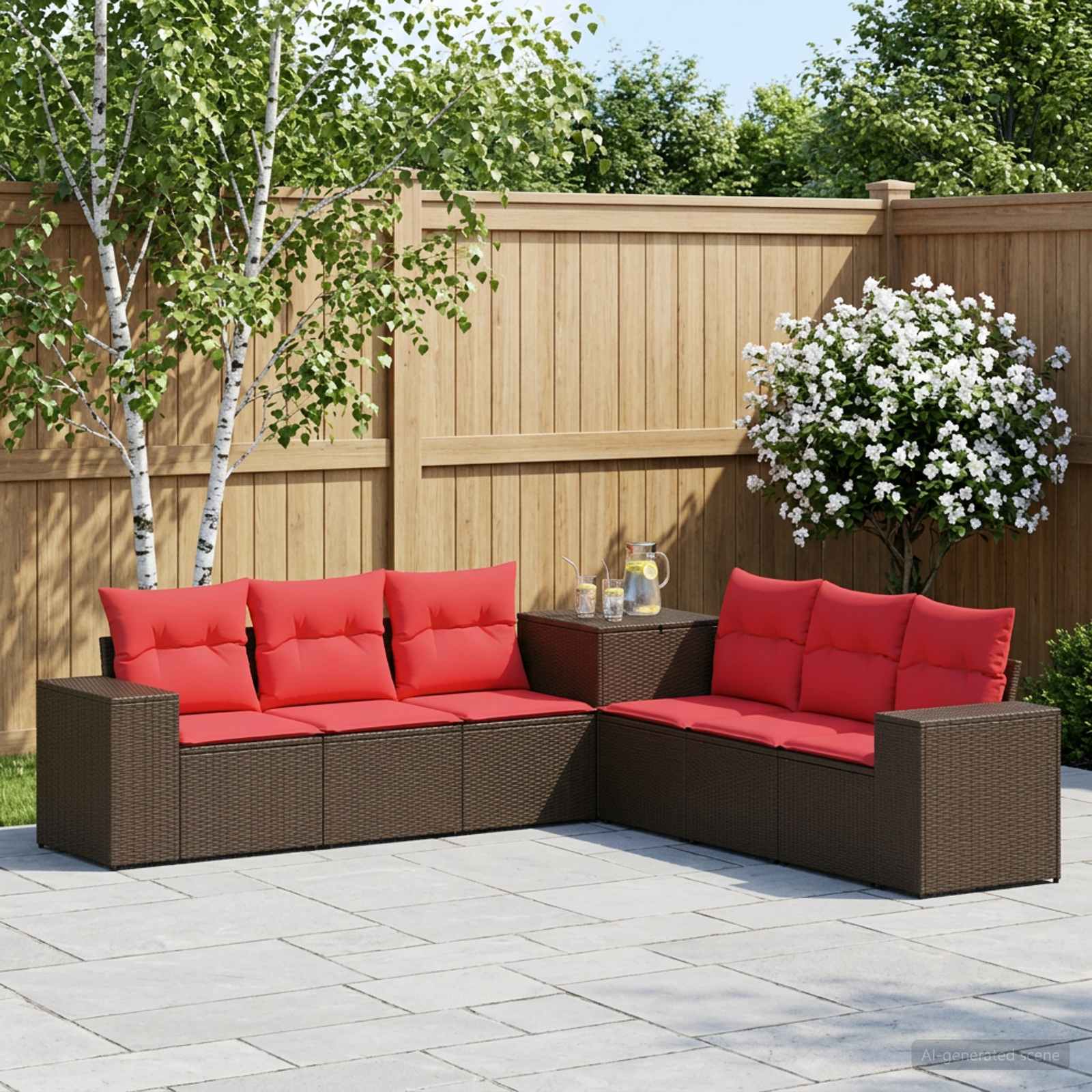 Bankstel 7 pcs Bruin en Rood Poly Rattan en Staal – afbeelding 1