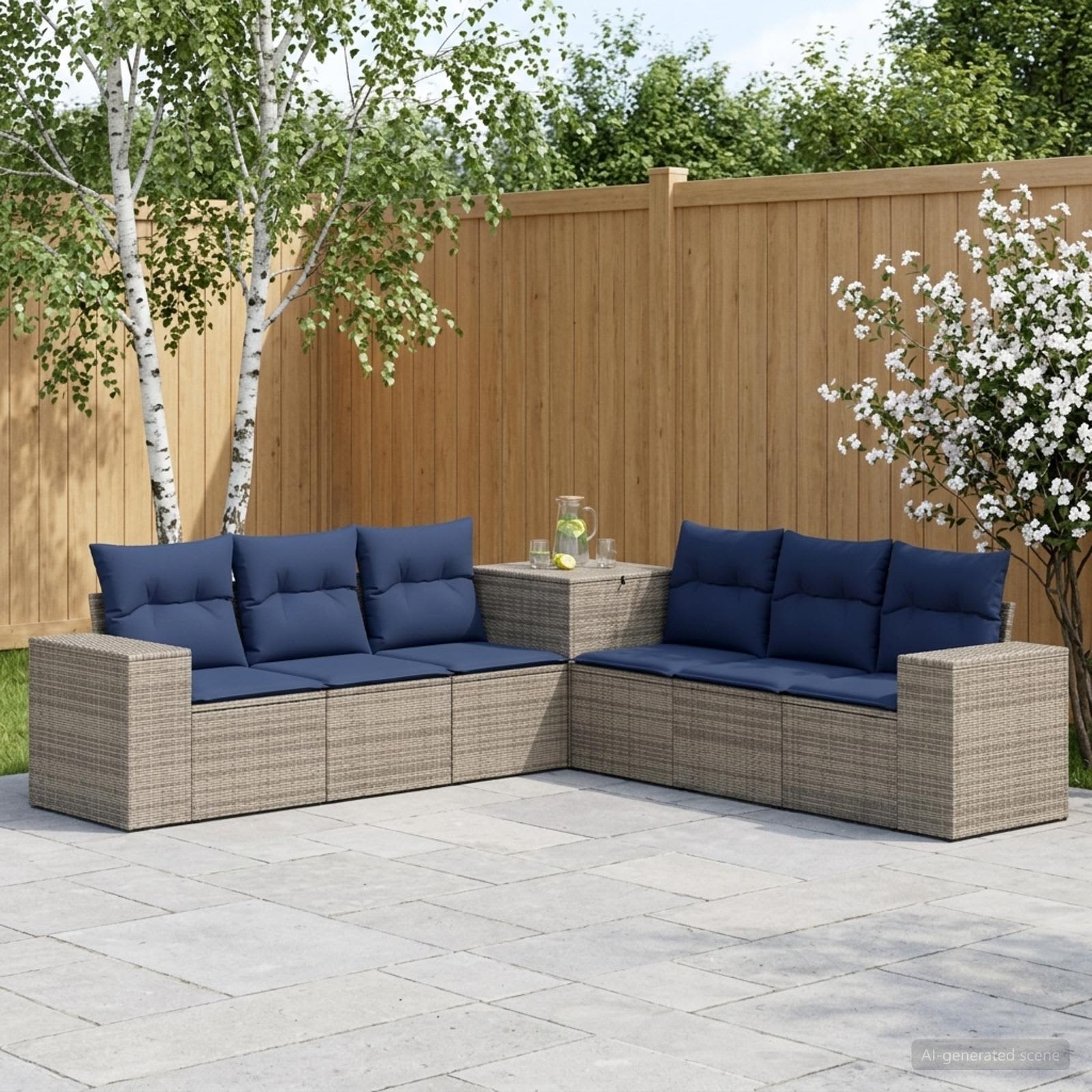 Bankstel 7 pcs Grijs en Marineblauw Poly Rattan en Staal