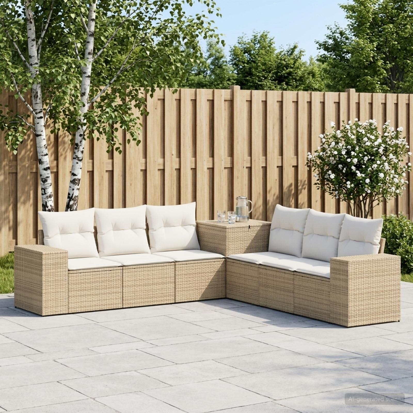 Bankstel 7 pcs Beige en Crème Wit Poly Rattan en Staal – afbeelding 1