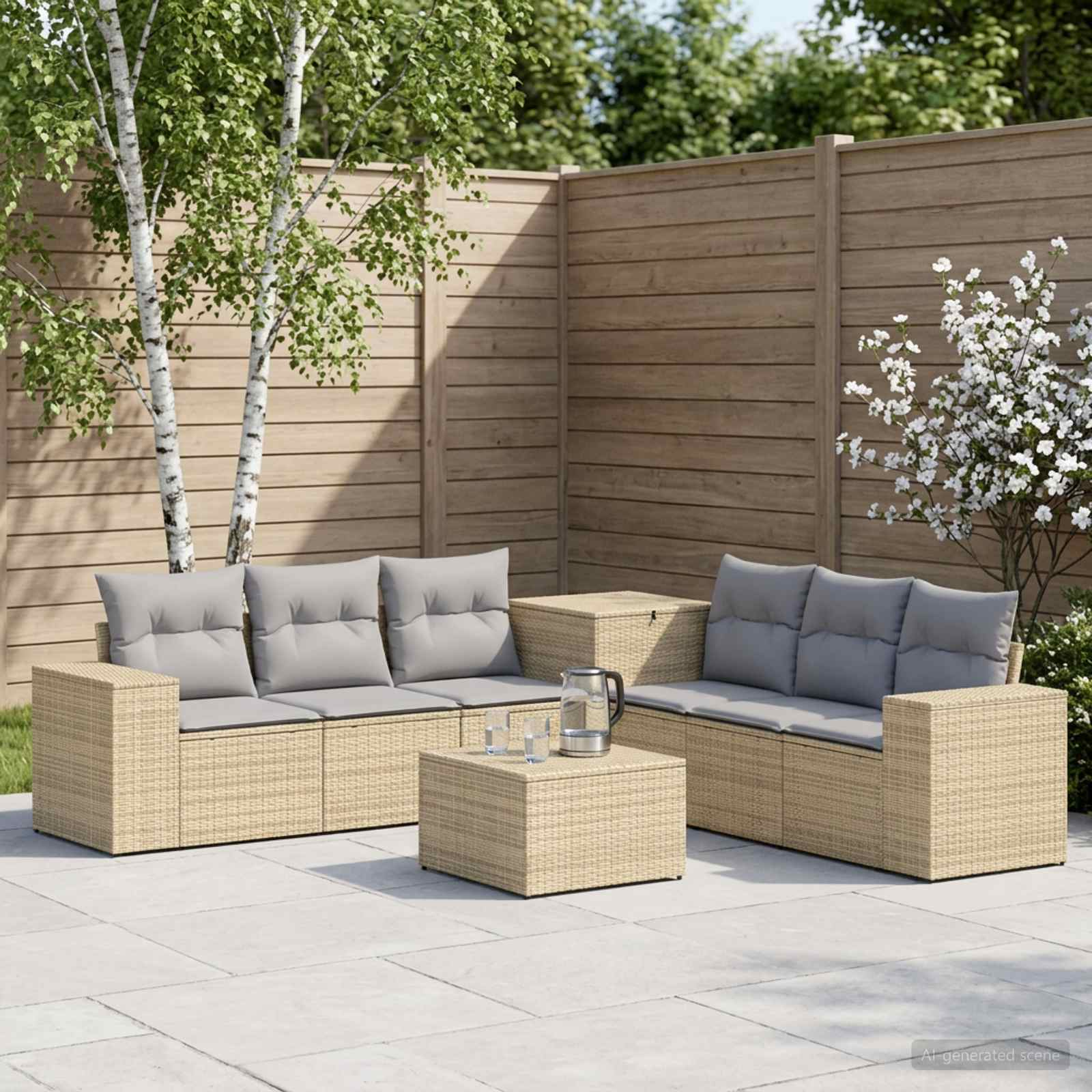 Bankstel 7 pcs Beige en Licht Grijs Poly Rattan en Staal